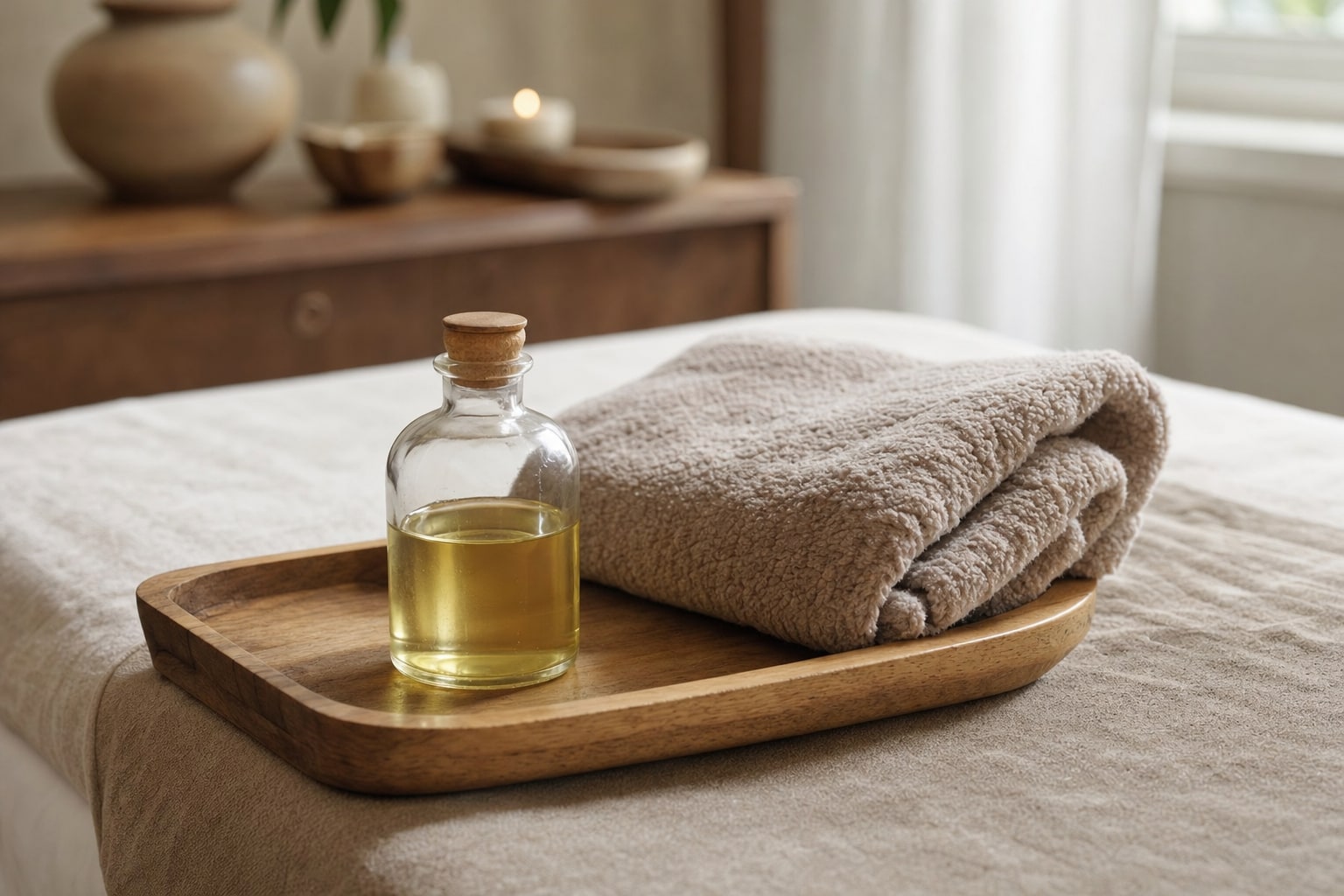 Massage oil and folded towel on a wooden tray in a calm treatment room
