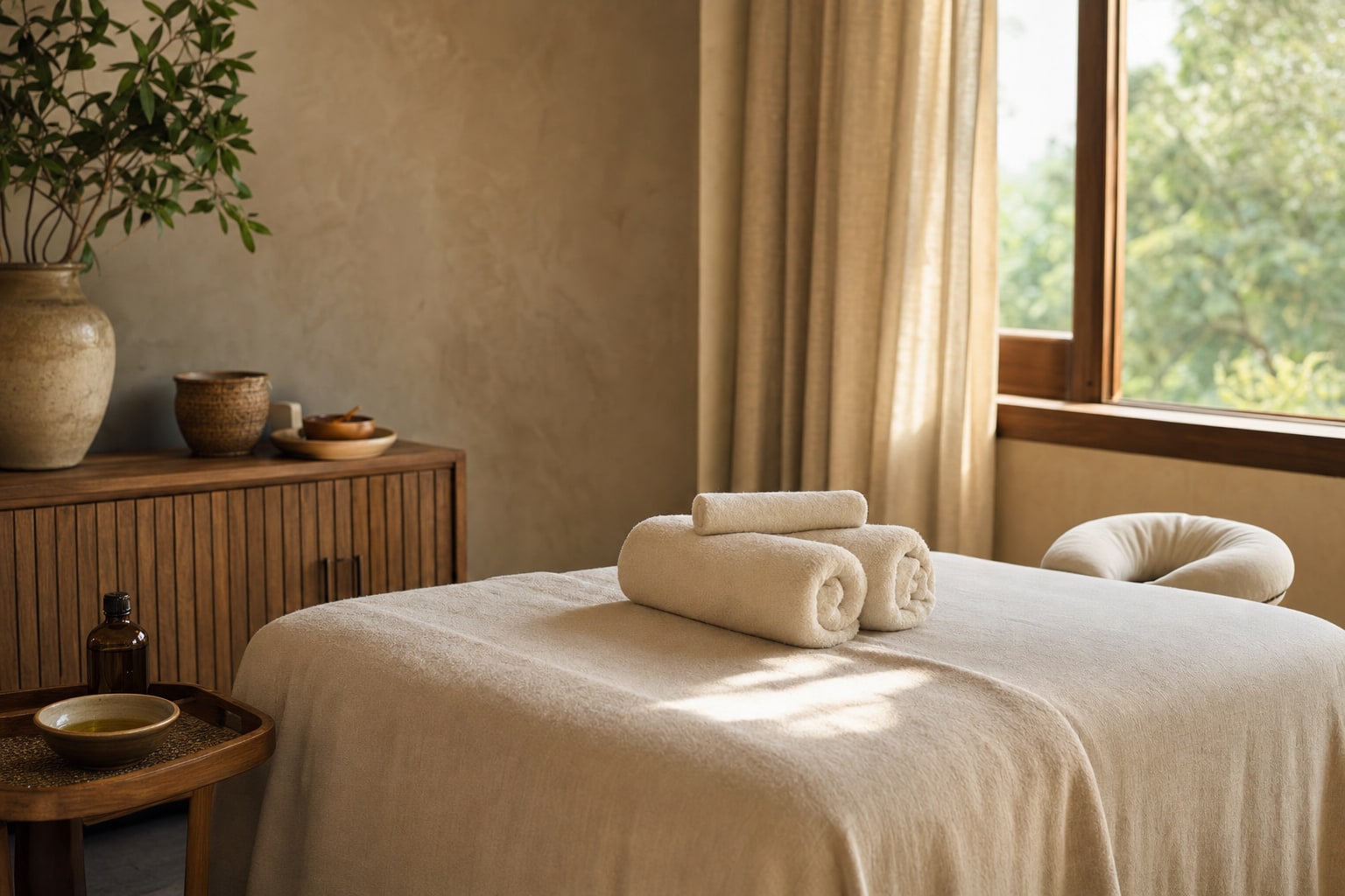 Quiet massage room with a linen-covered treatment table and folded towels