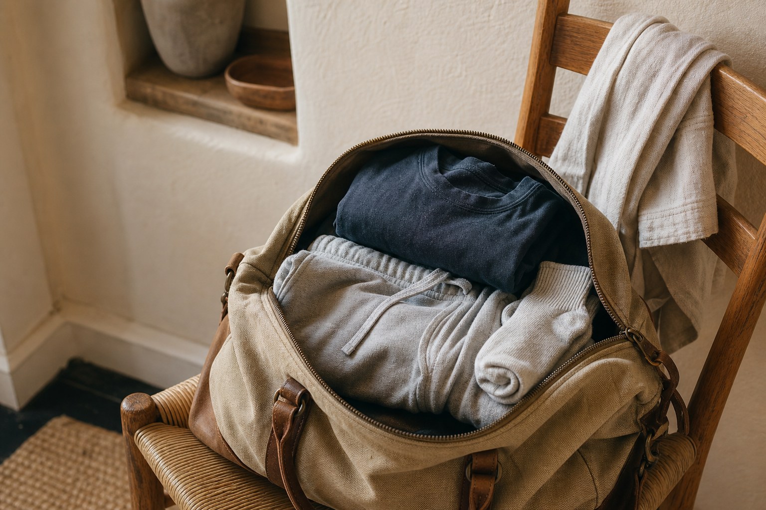 Comfortable clothes packed in a small bag for a massage appointment