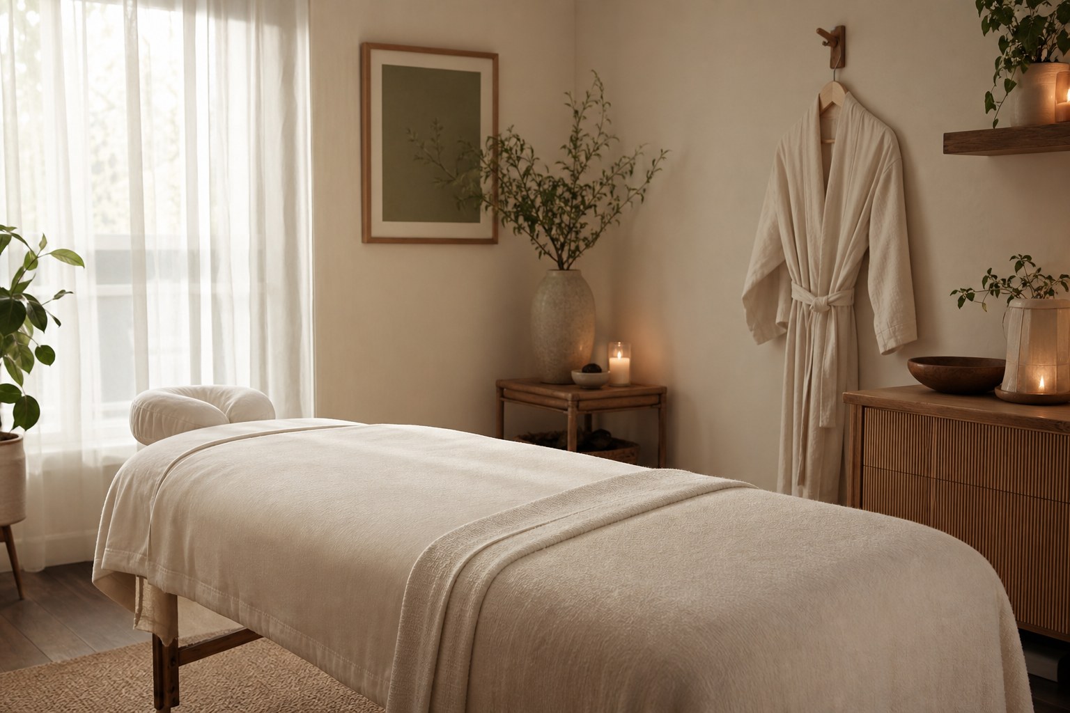 Private massage room with a prepared treatment table and robe