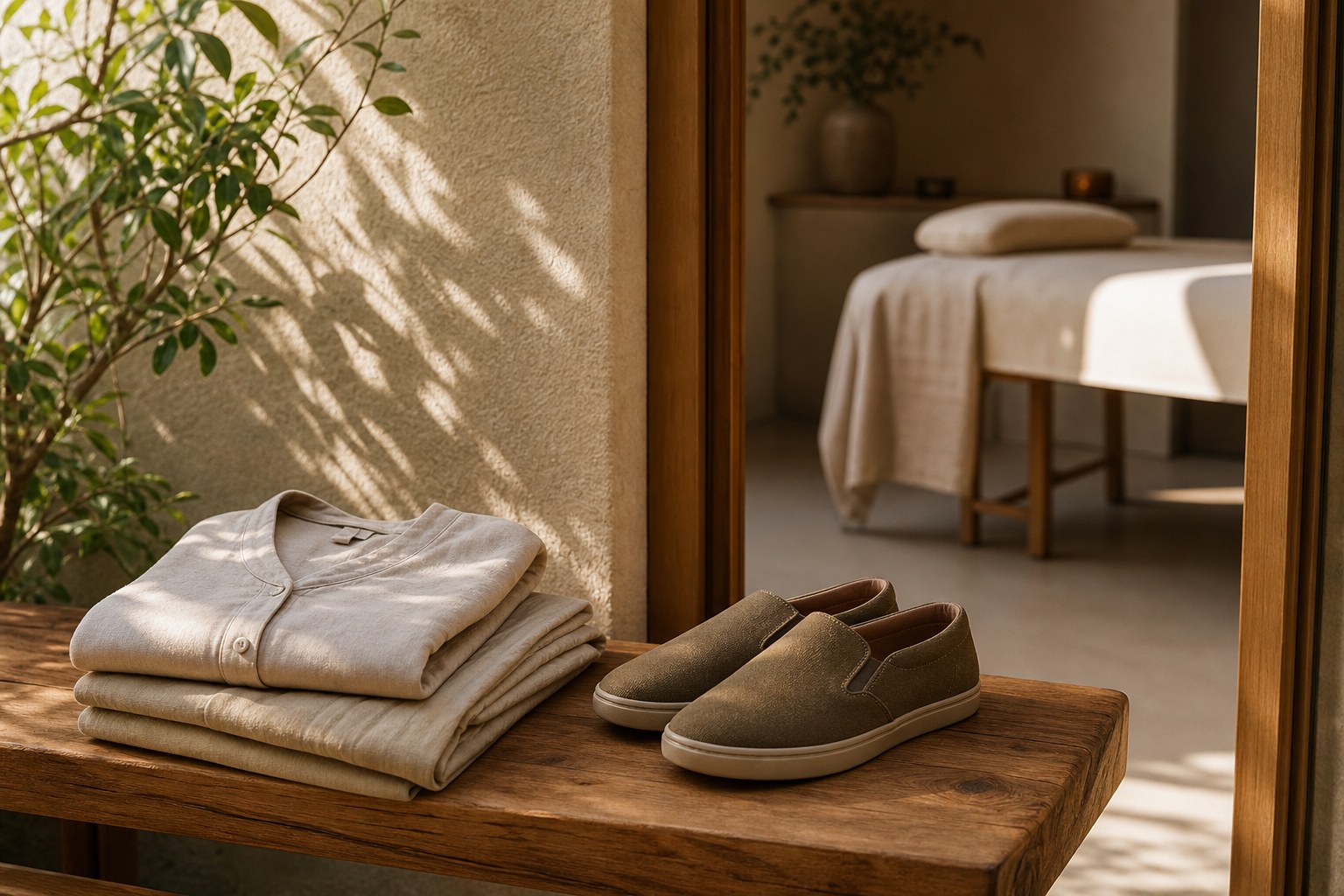Comfortable clothing and slip-on shoes beside a calm massage treatment room
