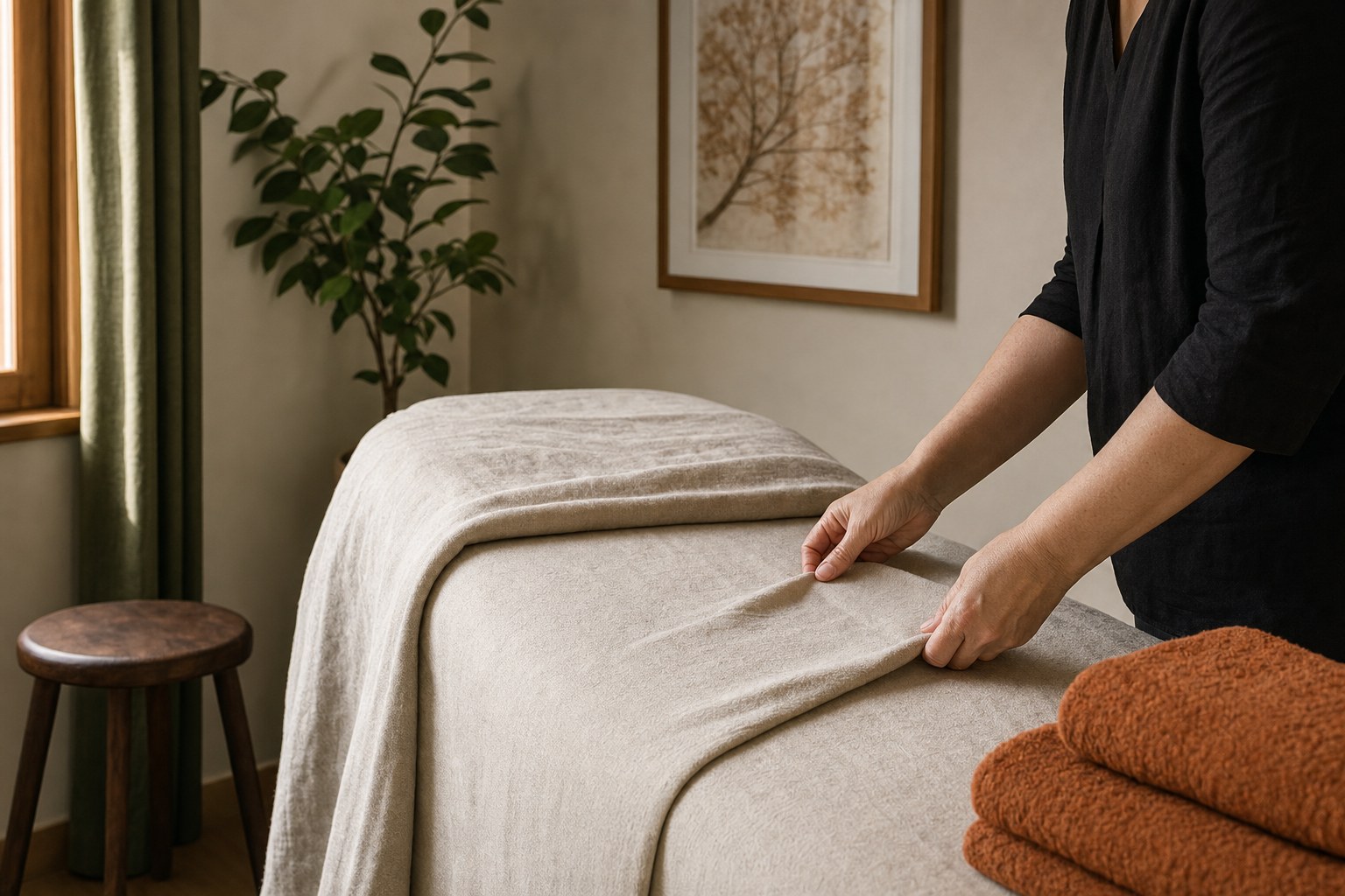 A thoughtfully prepared massage table with warm linens in a private studio
