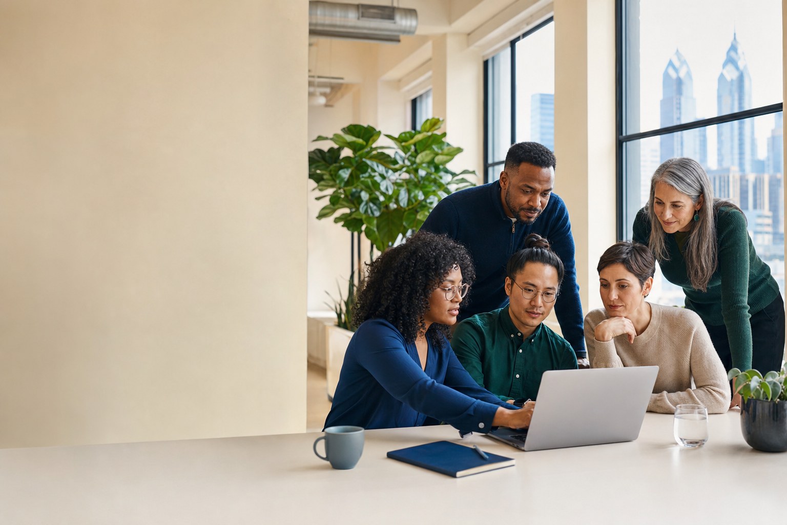 Colleagues gathered around a laptop reviewing options together
