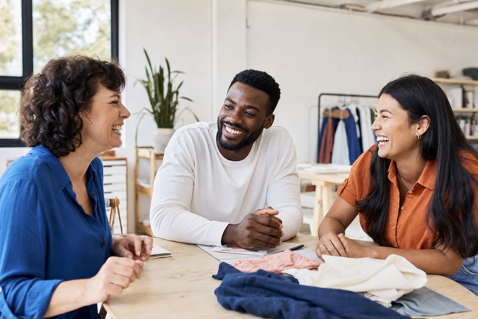 Small-business colleagues sharing a relaxed moment in a bright studio