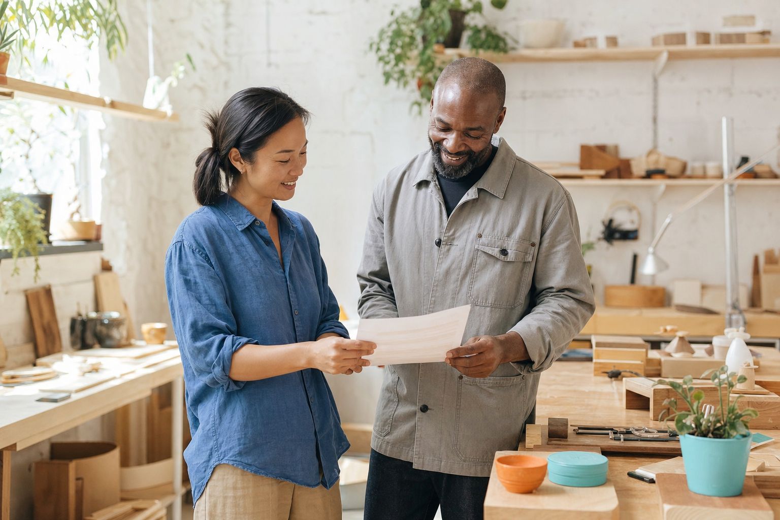 Two small-business professionals reviewing paperwork together in a workshop