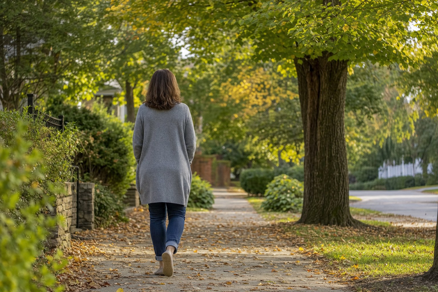 A person taking a quiet walk on a tree-lined path