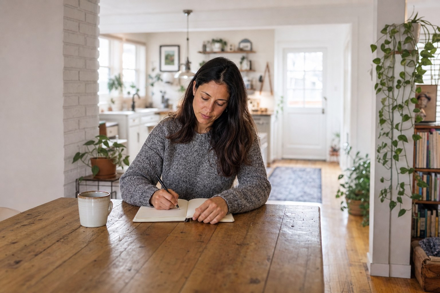 A woman writing thoughtfully at a kitchen table