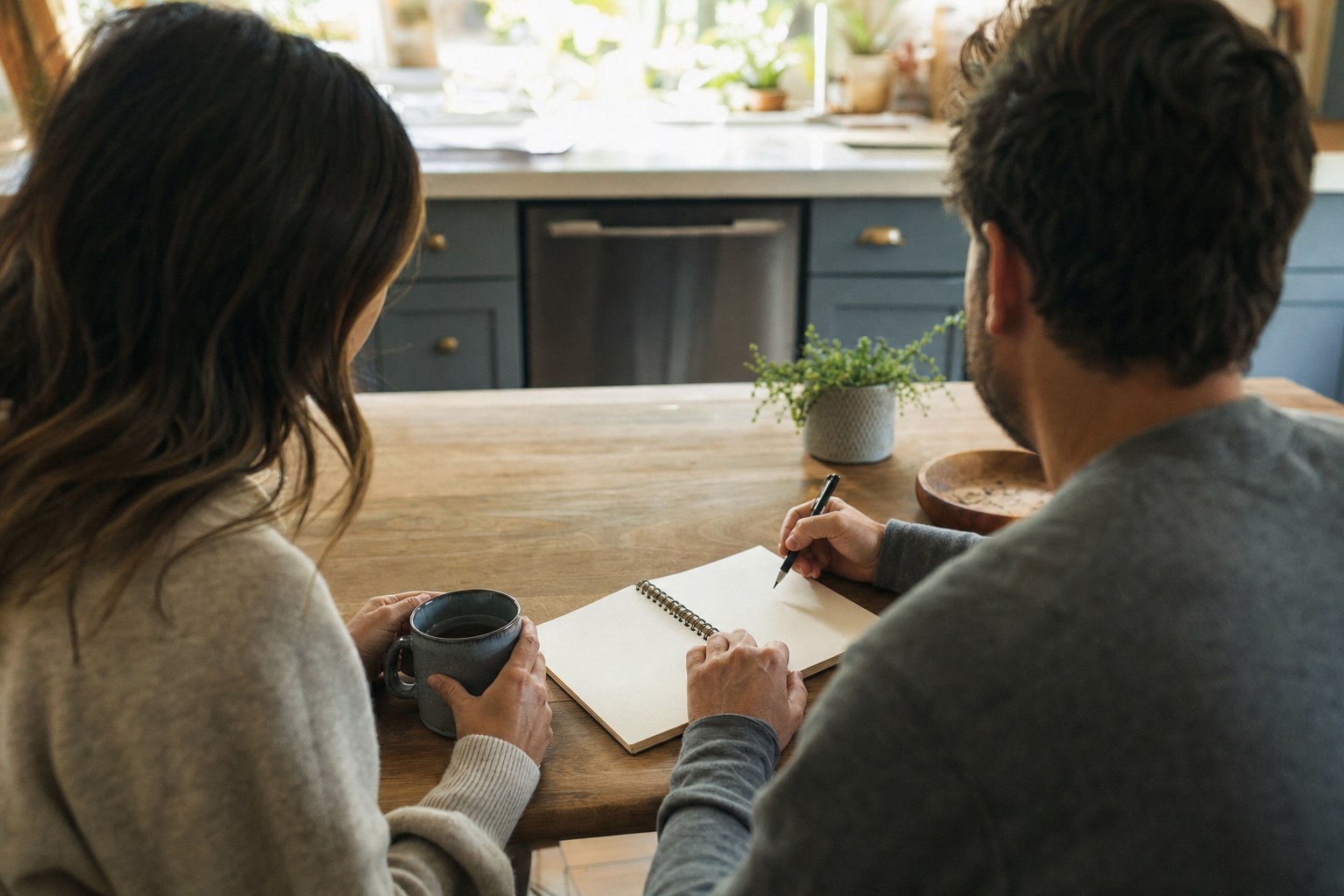A couple sitting together at a kitchen table and making a plan