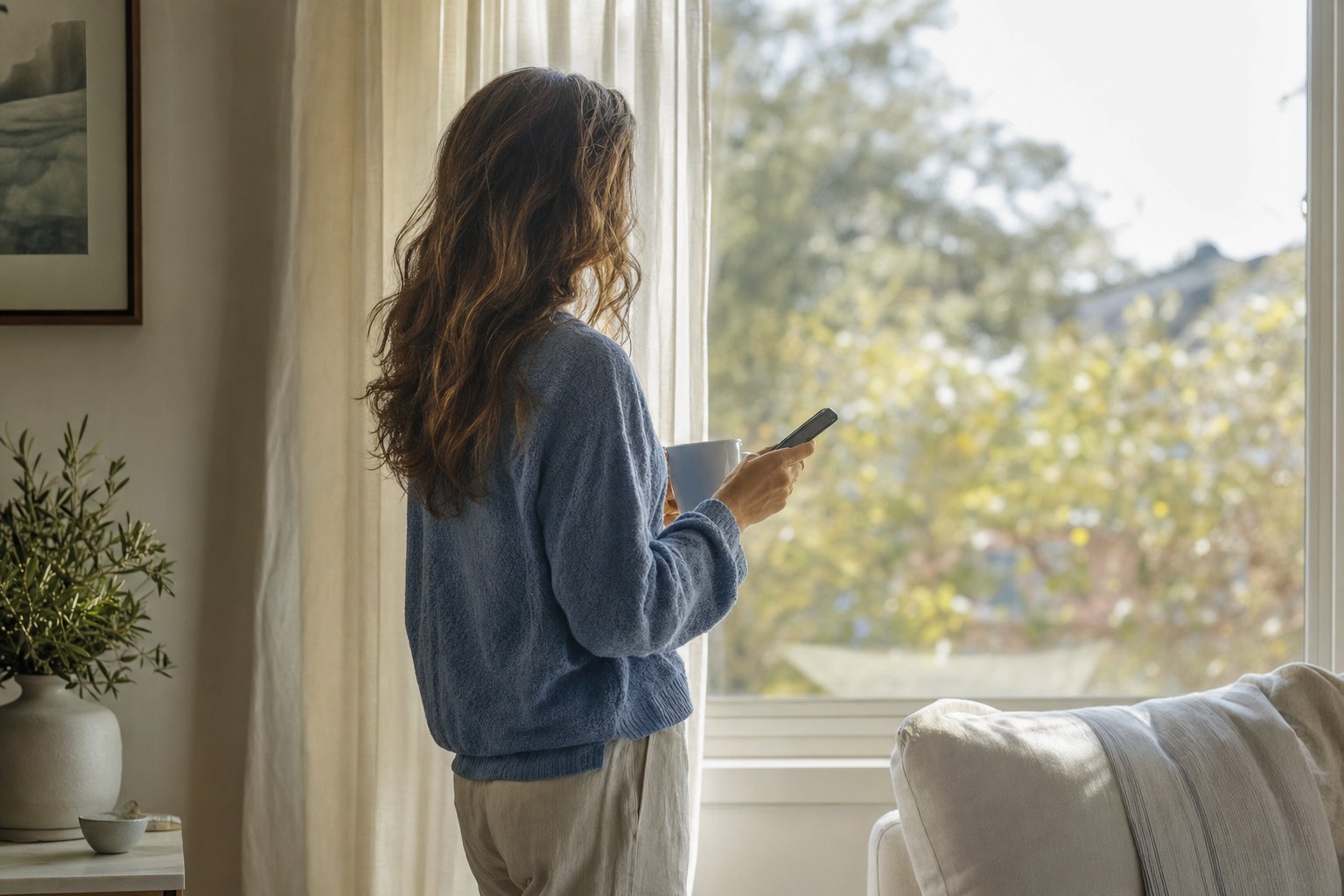 A person pausing near a window before responding to a message