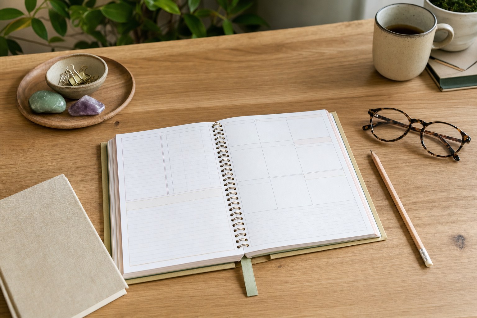 An open planner and pencil on a wooden desk