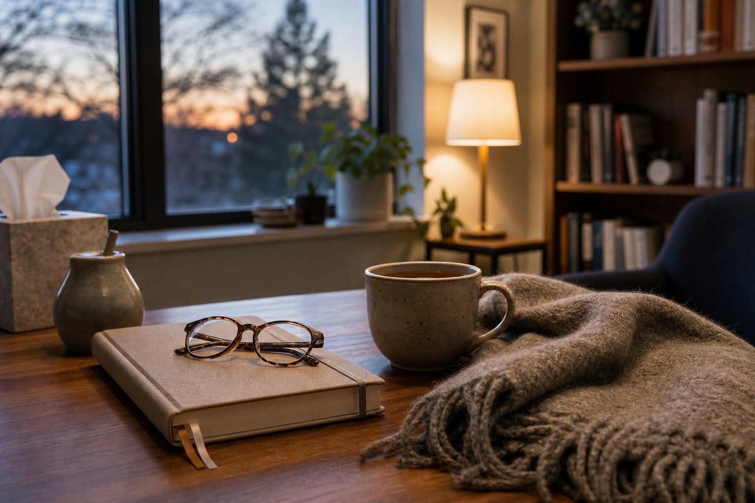 A journal, tea, and a soft wrap in a quiet room at dusk