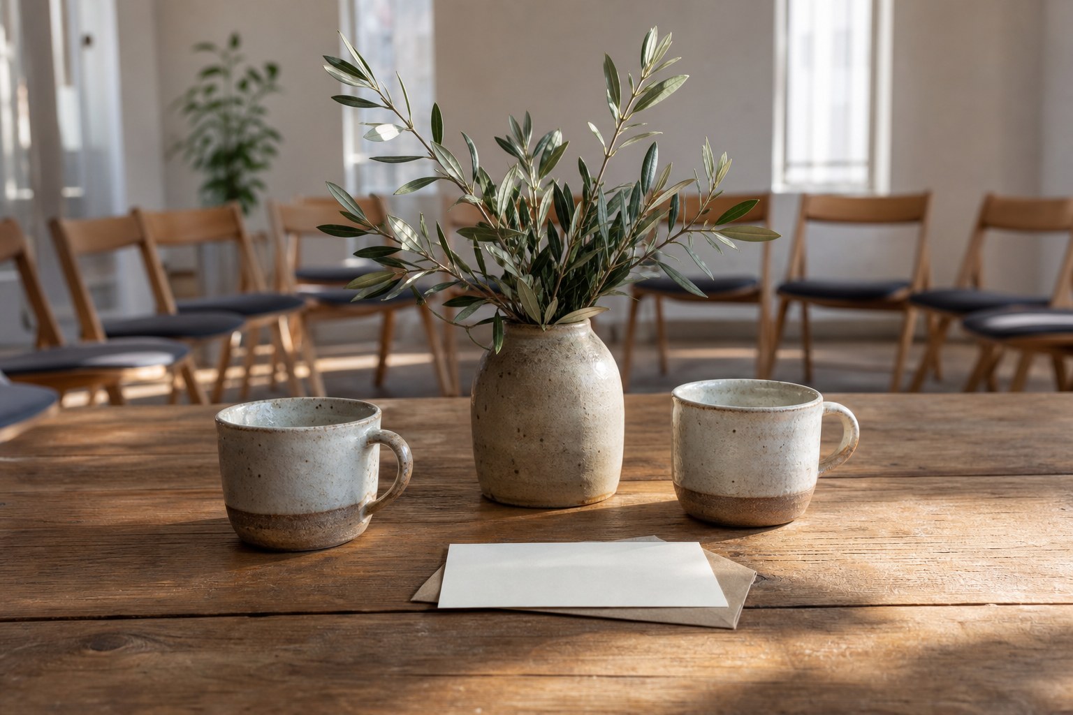 Two cups on a table in a quiet community gathering space