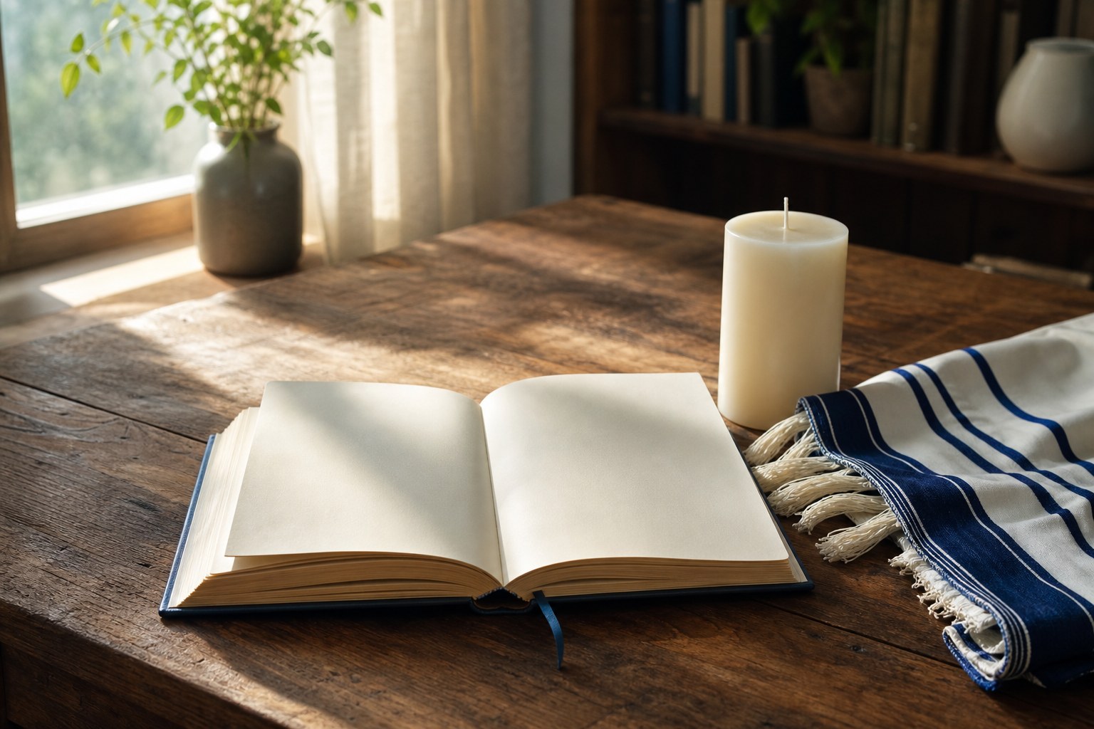 A journal, candle, and blue-striped tallit resting on a wooden table