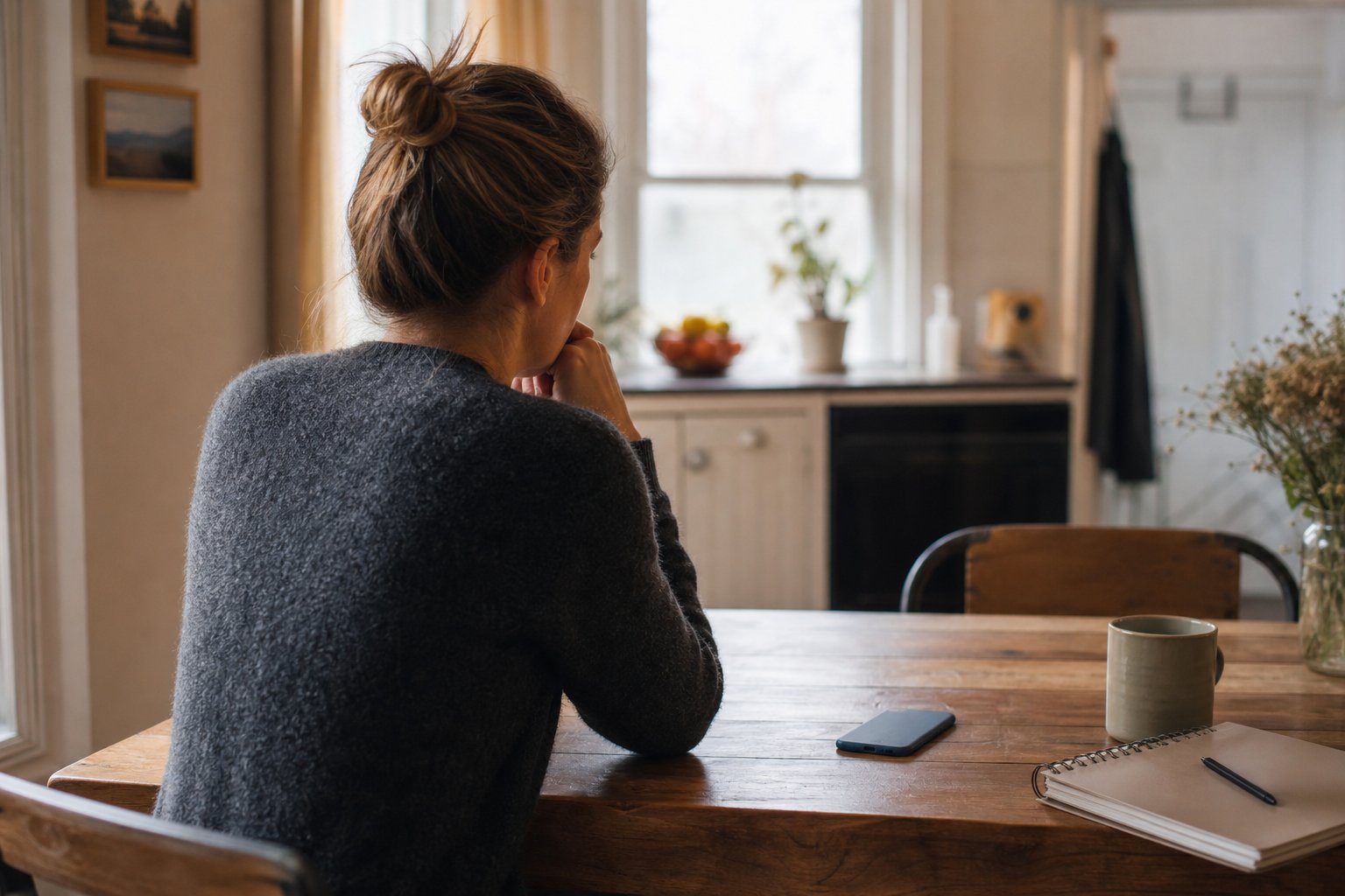 A woman pausing at a kitchen table before a difficult family conversation