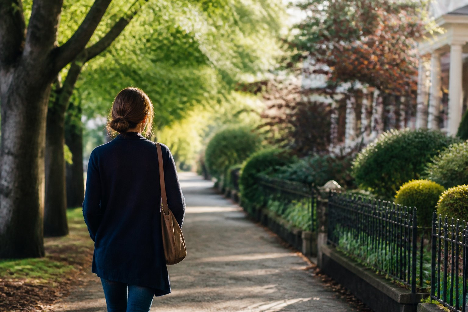 A woman taking a quiet walk along a tree-lined path