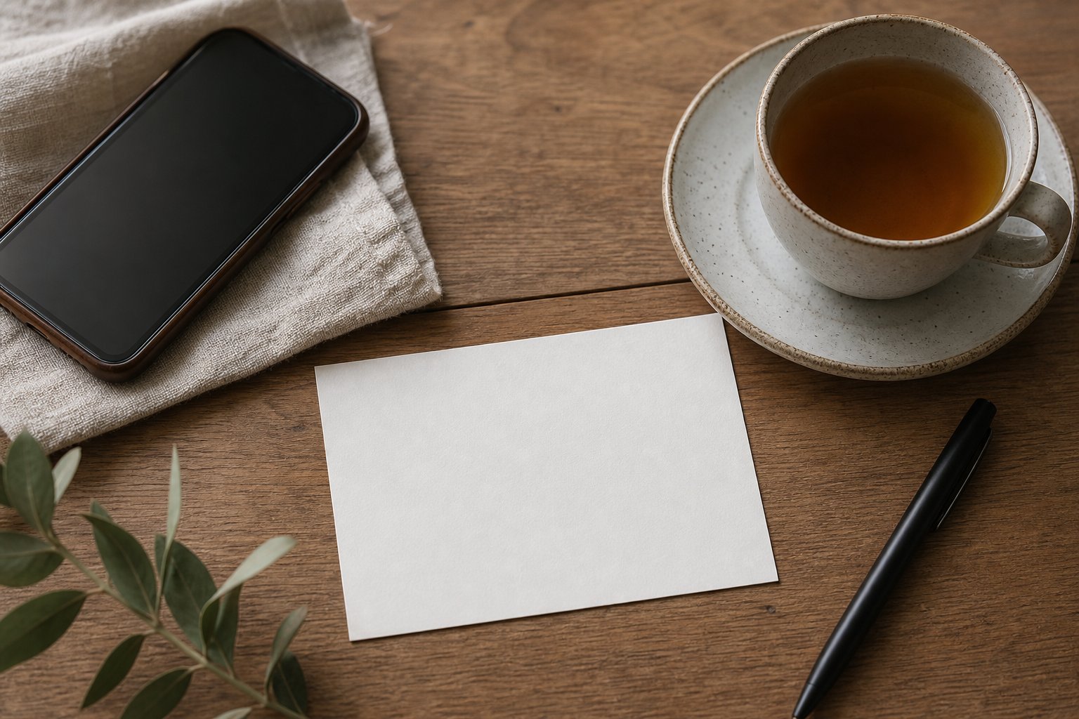 A blank note card, tea, and a phone prepared for a calm conversation