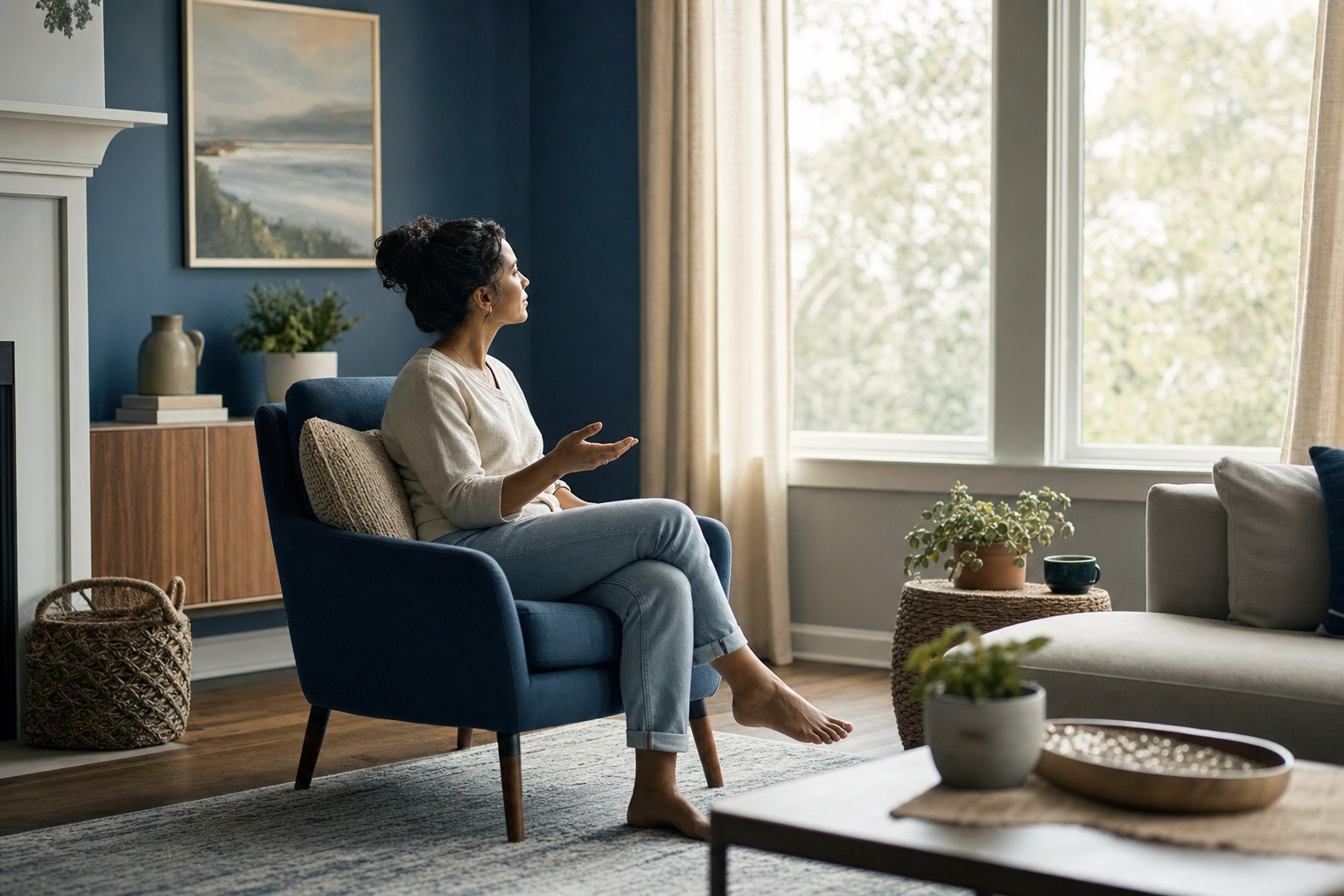 A person taking a quiet moment before a difficult conversation