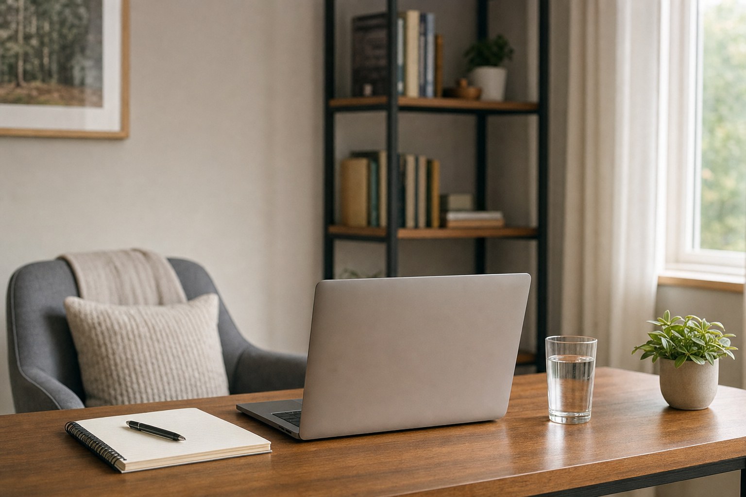 A private home workspace prepared for a virtual therapy appointment