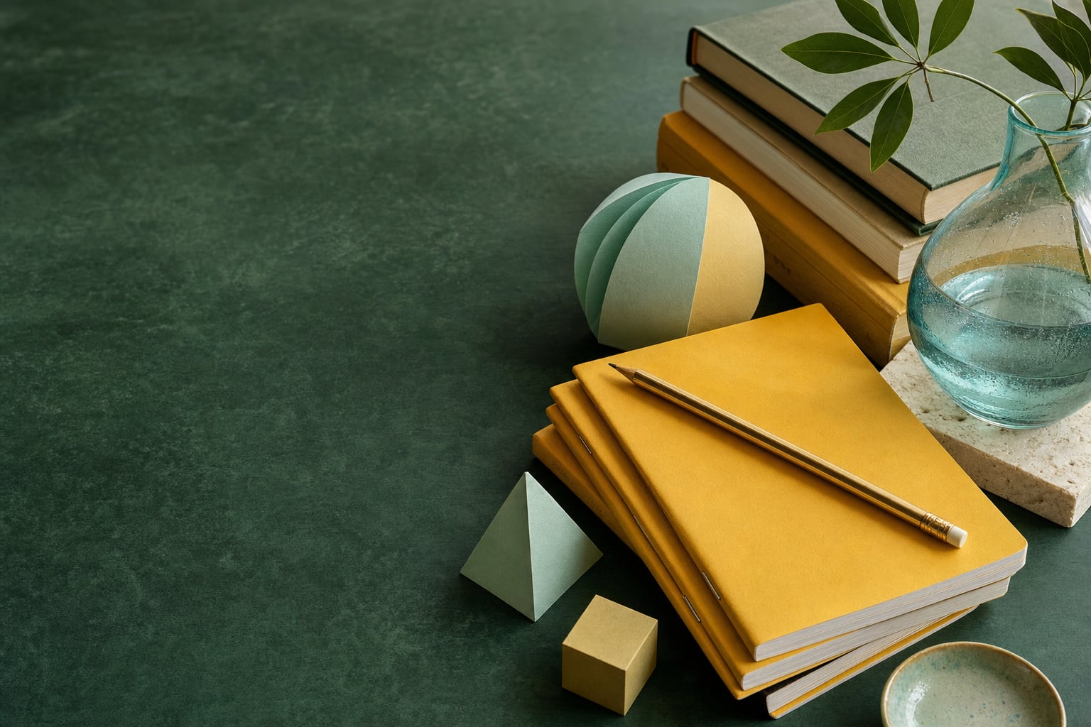 Yellow notebooks, books and a glass vessel arranged on a deep green surface