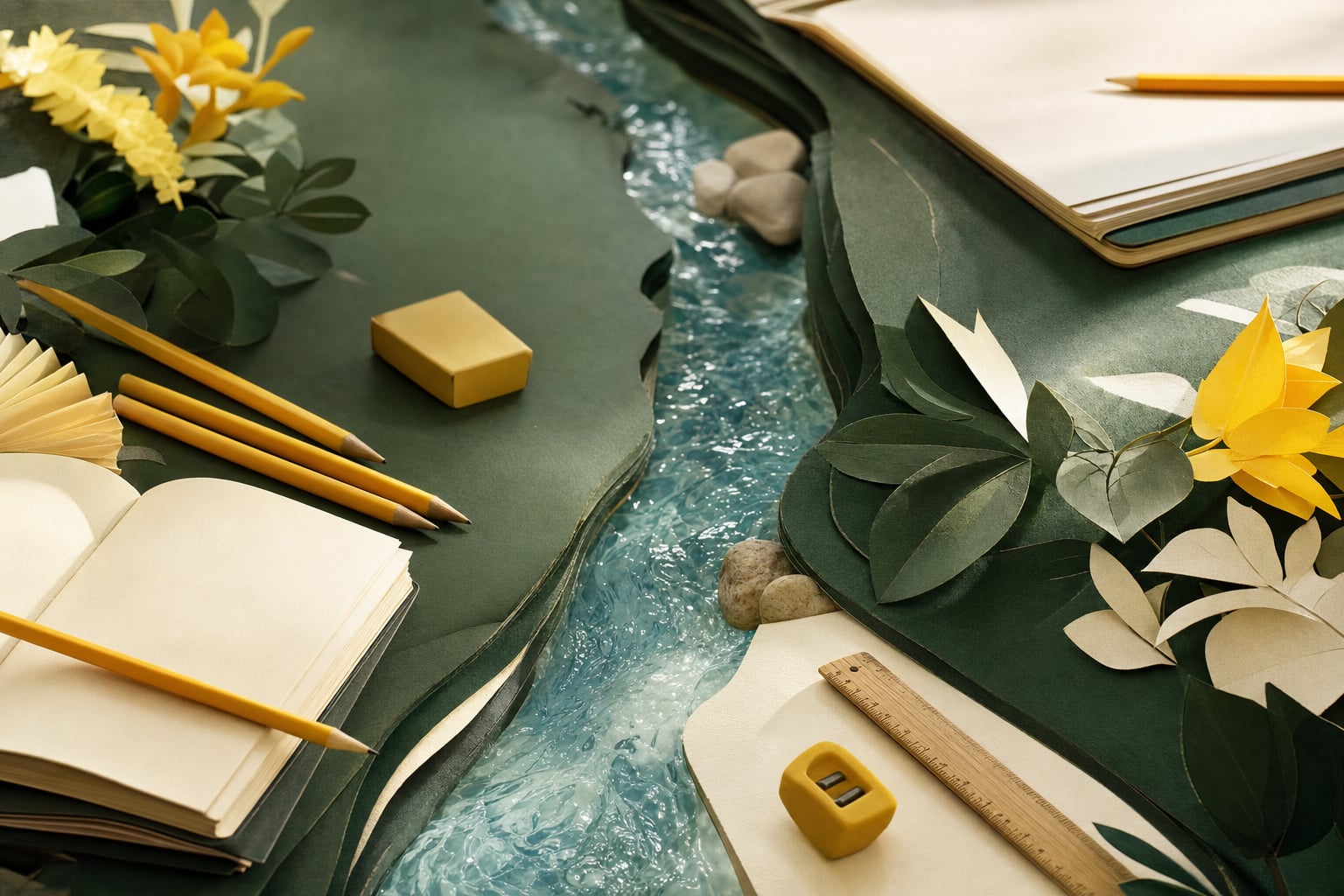 School supplies arranged around a stream of clear water in a sculptural paper landscape