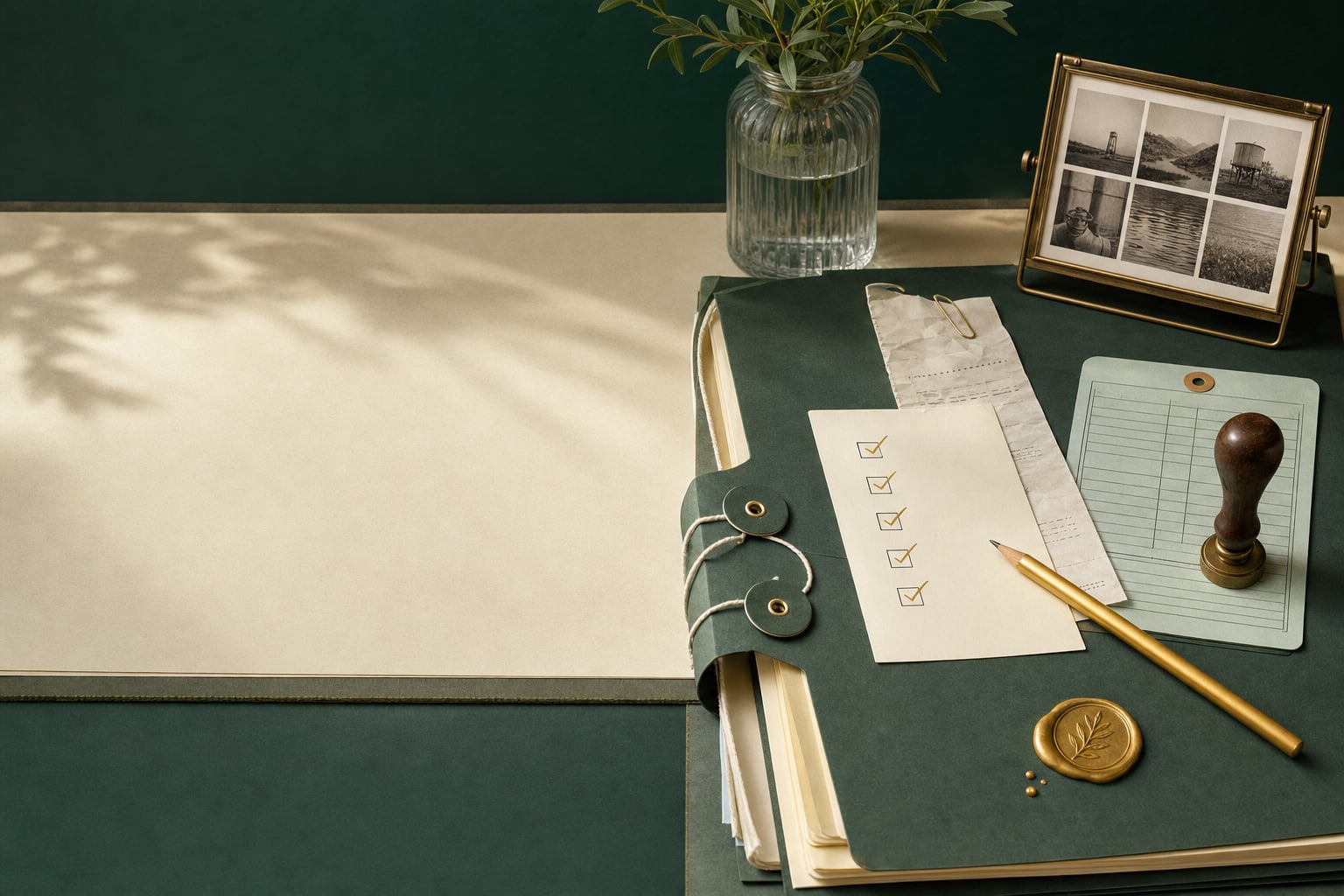 A verification folder with checkmarks, documents and a project evidence frame