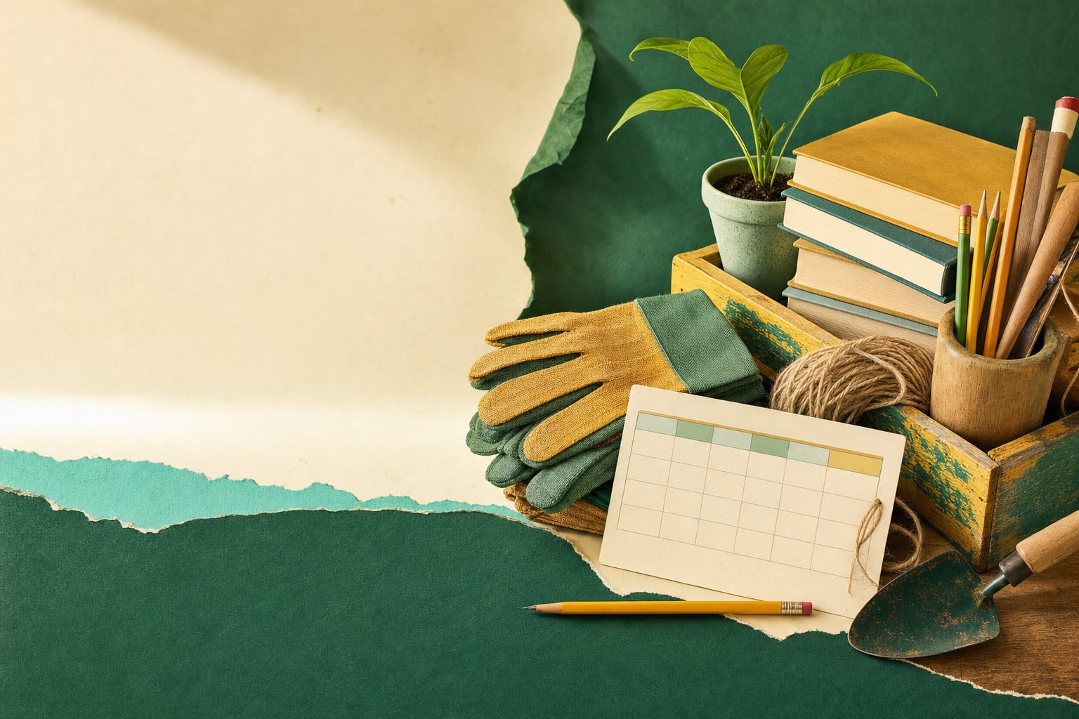 A volunteer toolkit with books, work gloves and a growing seedling