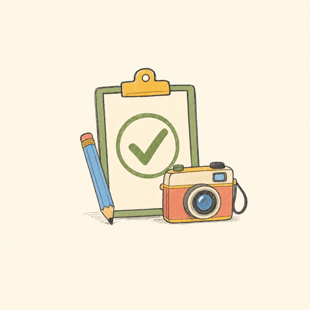Hand-drawn clipboard, pencil and camera representing verification