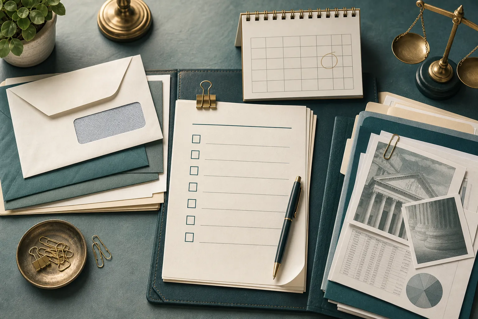 A response checklist, calendar, folders, and audit documents arranged on a legal desk.
