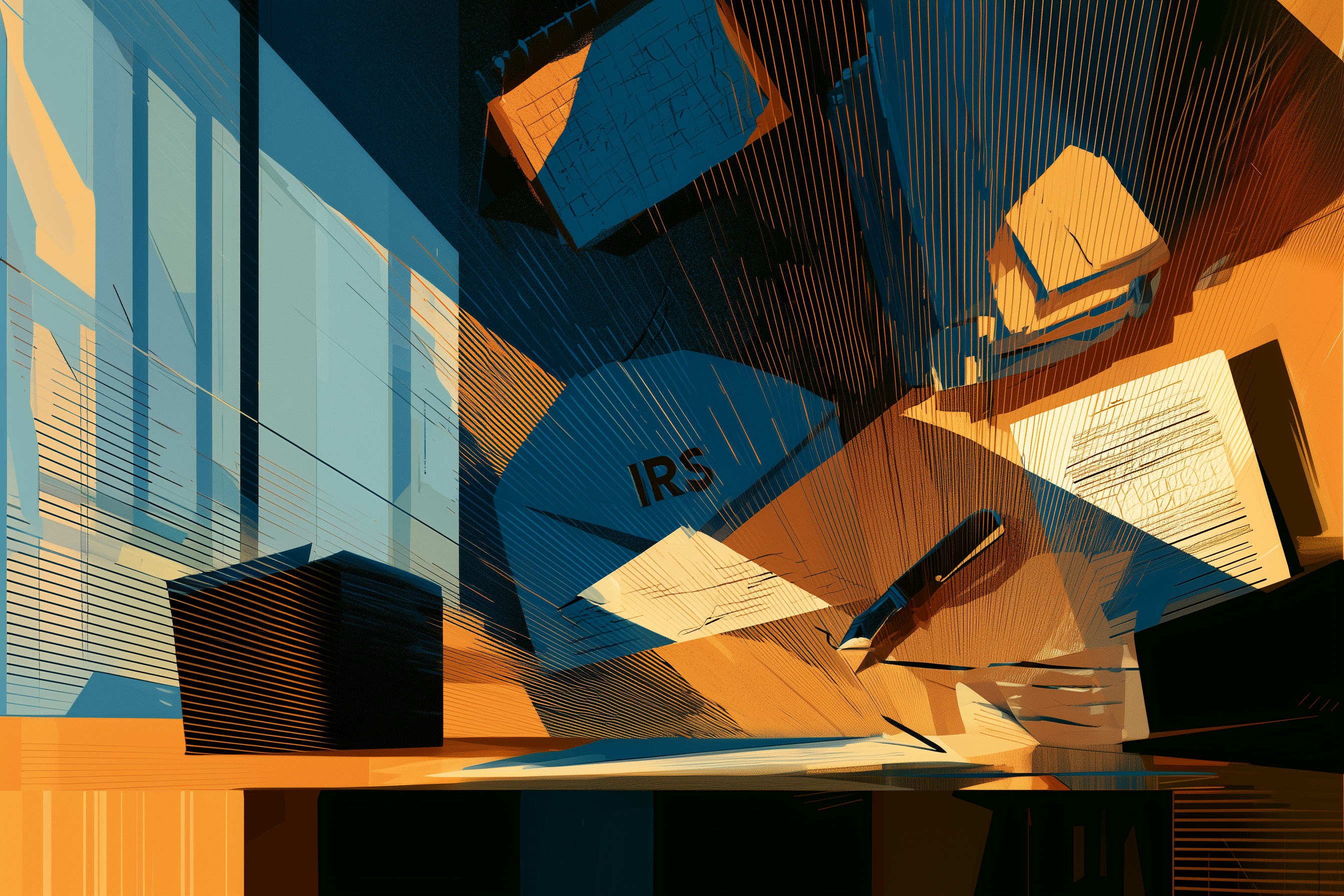 Illustrated IRS envelope, calendar, and tax documents arranged on a lawyer's desk.