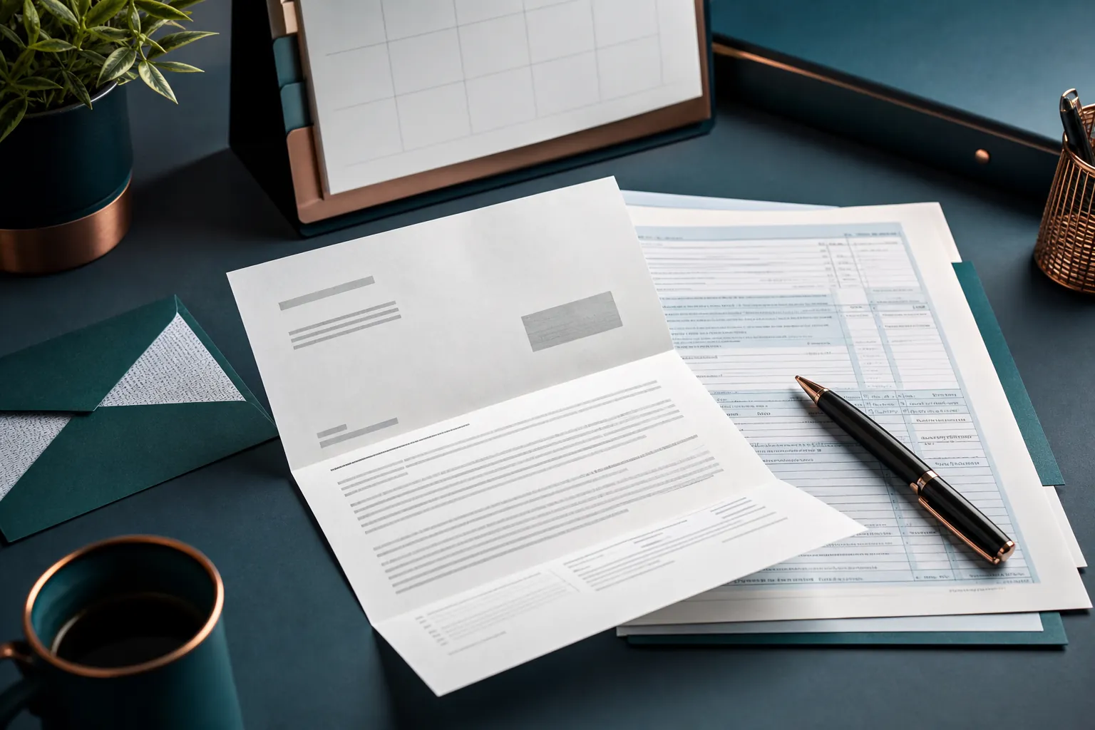 An opened audit letter arranged with tax documents, a calendar, and a pen on a teal desk.