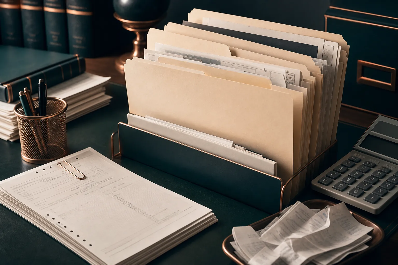 Tax records, receipts, folders, and a calculator organized for an audit response.
