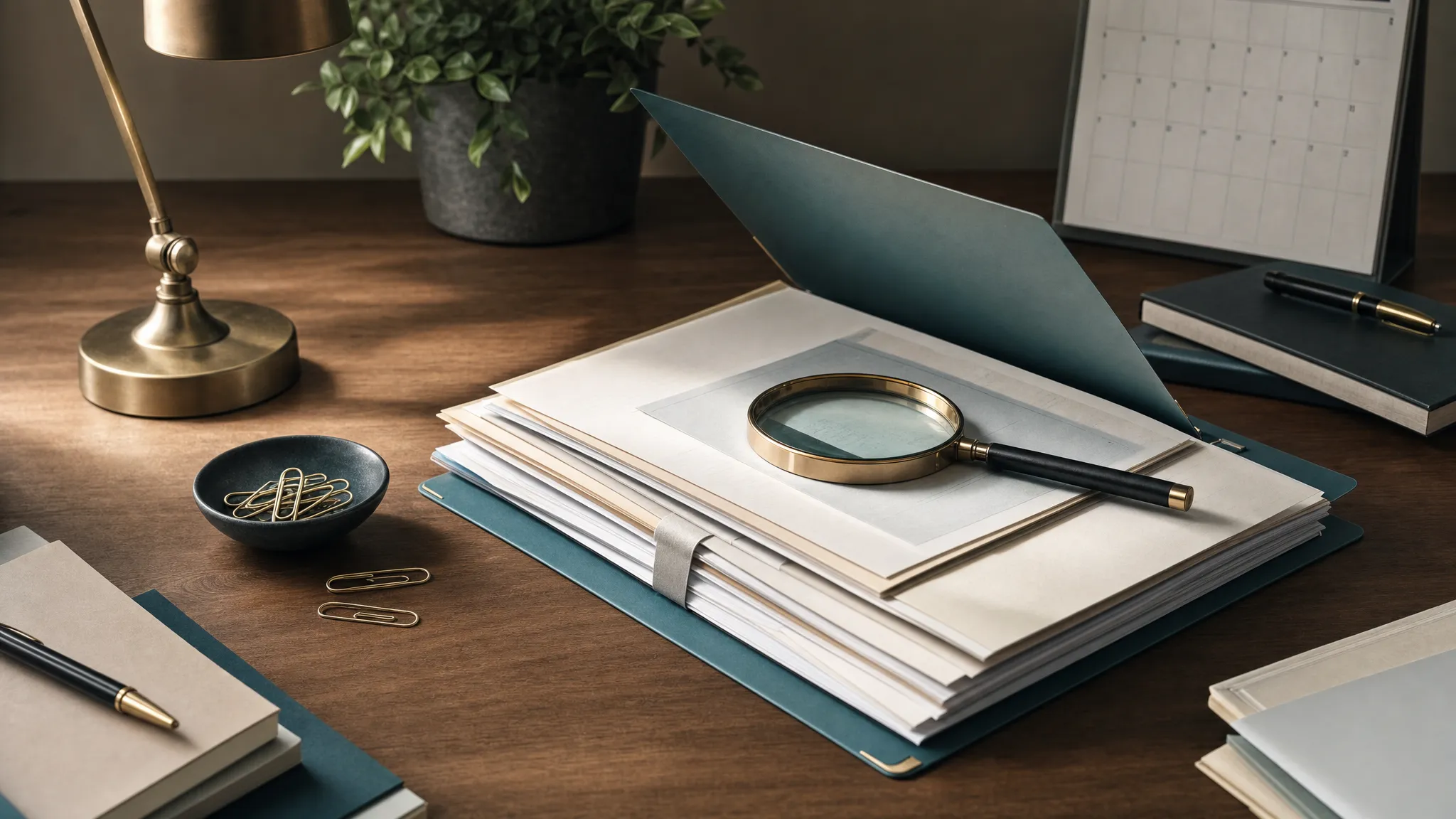 An organized tax file, magnifying glass, and calendar on a lawyer's desk.