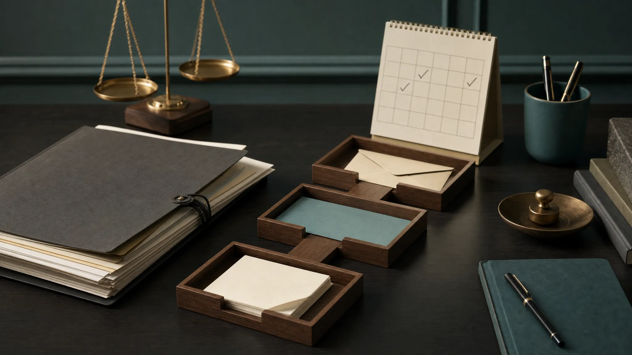 An organized legal desk with correspondence trays, a calendar, and a balance scale representing procedural choices.