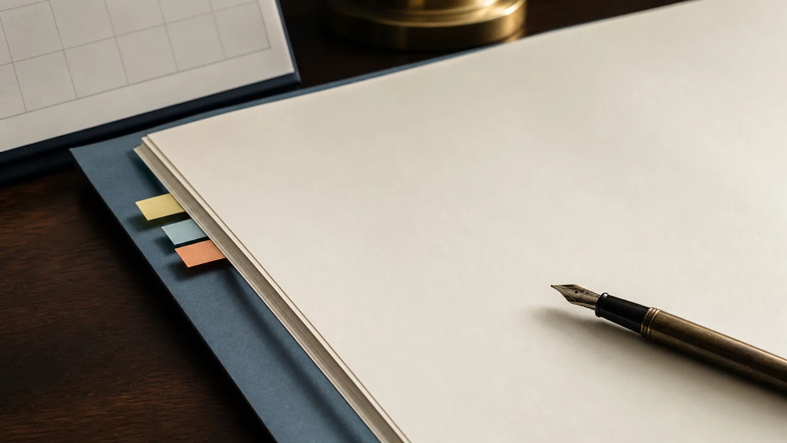 A blank extension-review document with tabs, a fountain pen, and a calendar edge.