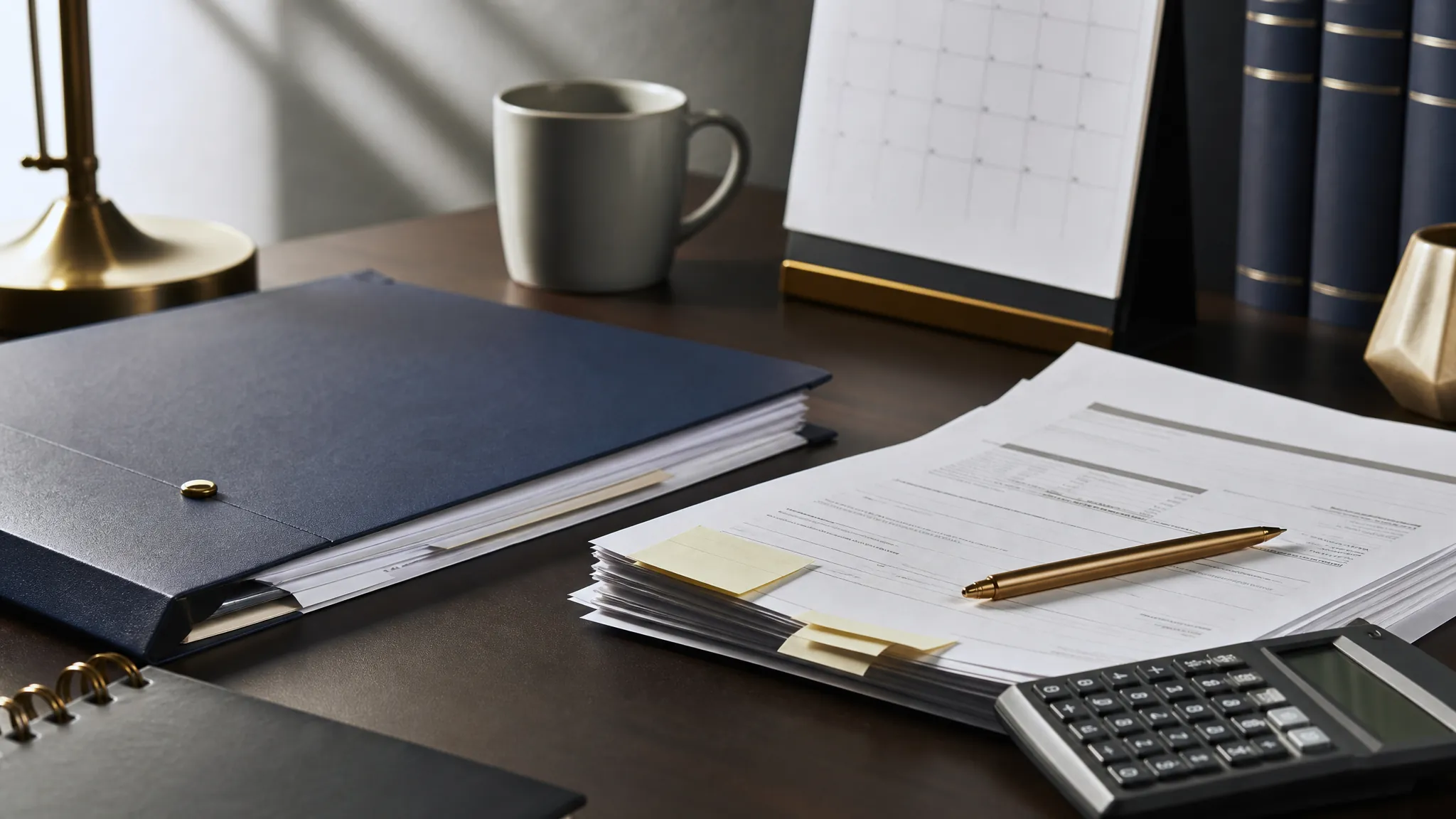 A calm tax audit preparation scene with folders, calendar pages, documents, and a calculator.