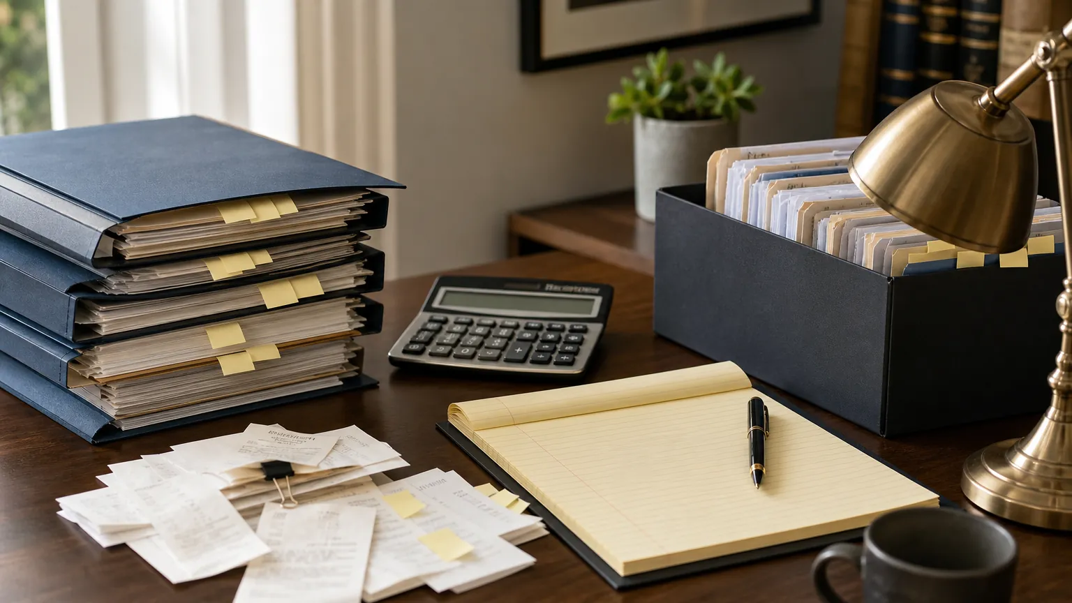 Organized folders, receipts, a calculator, and a legal pad prepared for audit record review.