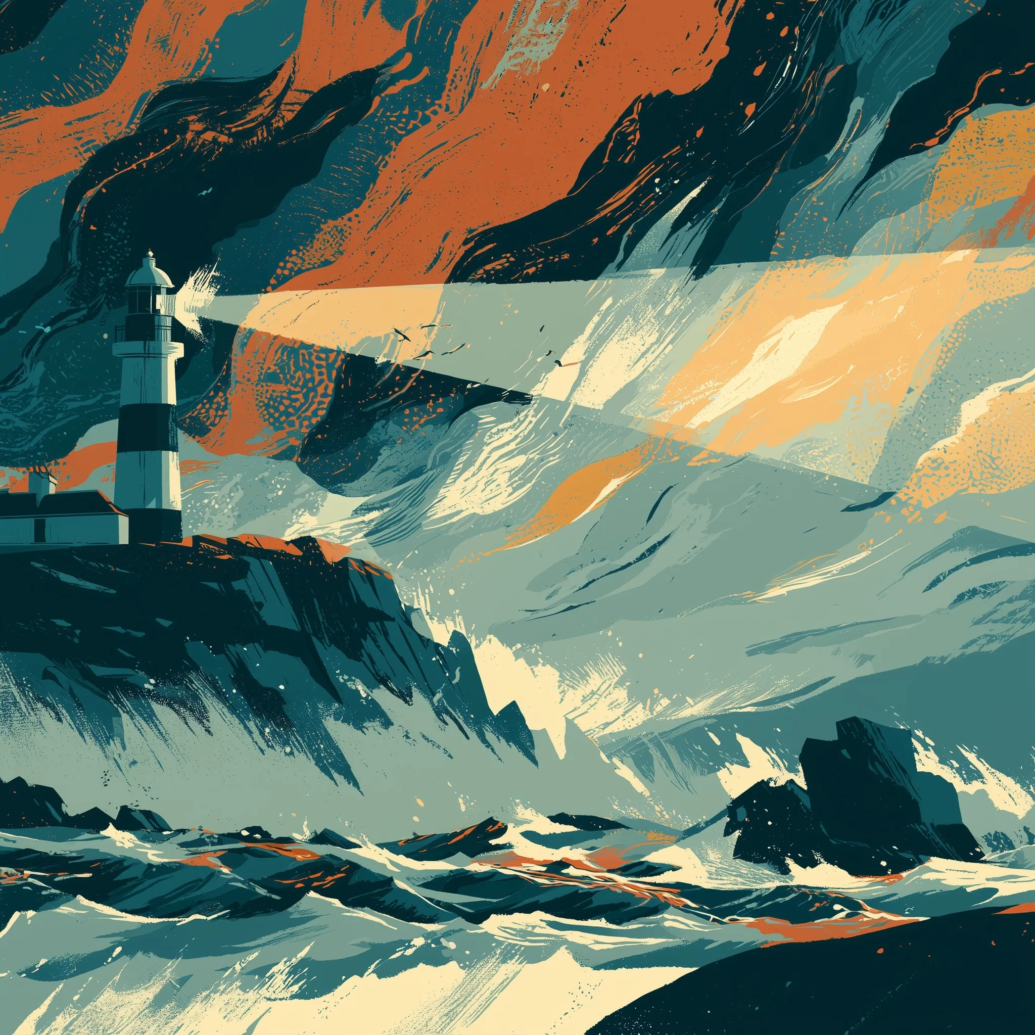 Illustrated lighthouse beam cutting through stormy waves.