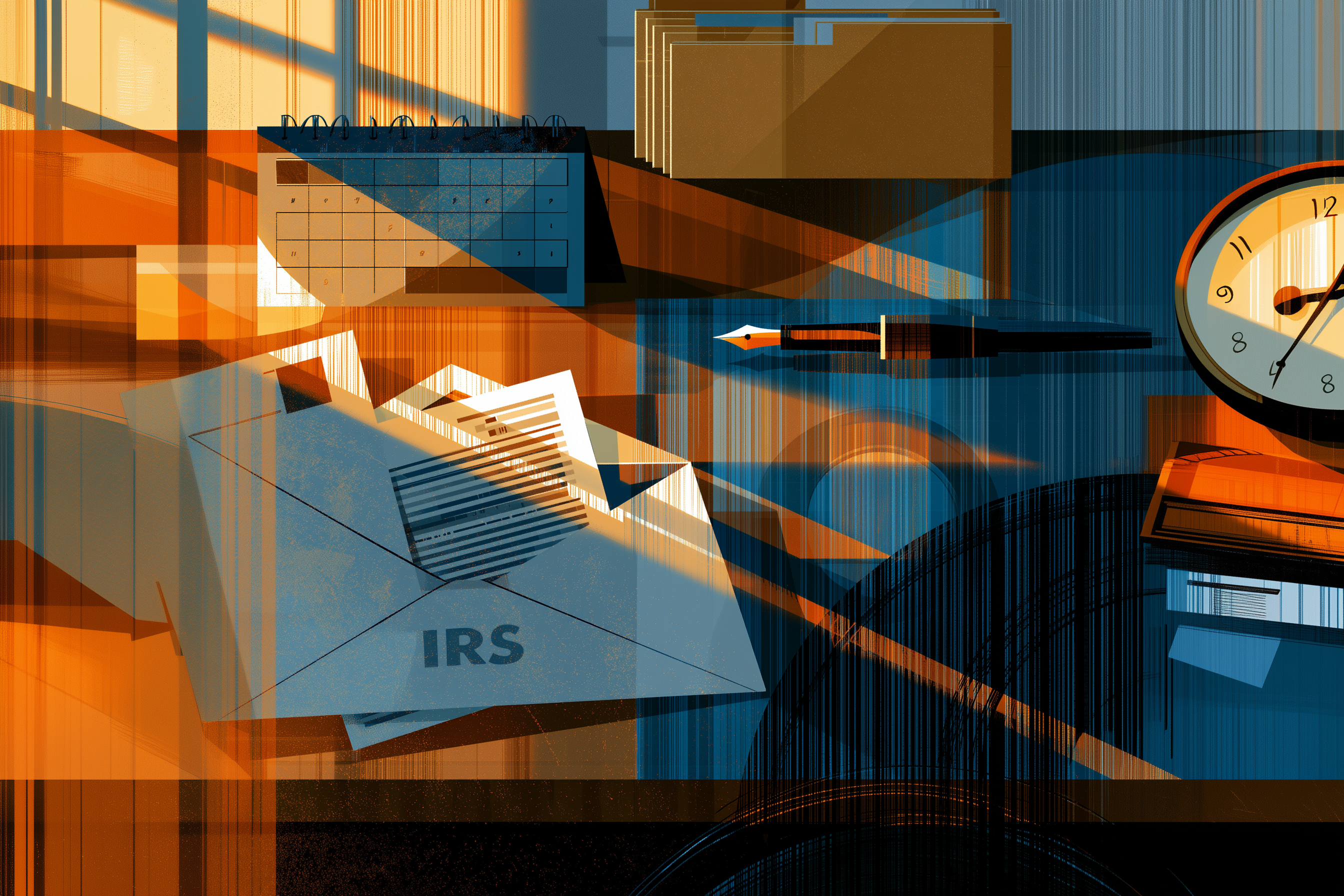 Editorial illustration of an IRS envelope, calendar, case files, and clock, representing an audit response deadline.