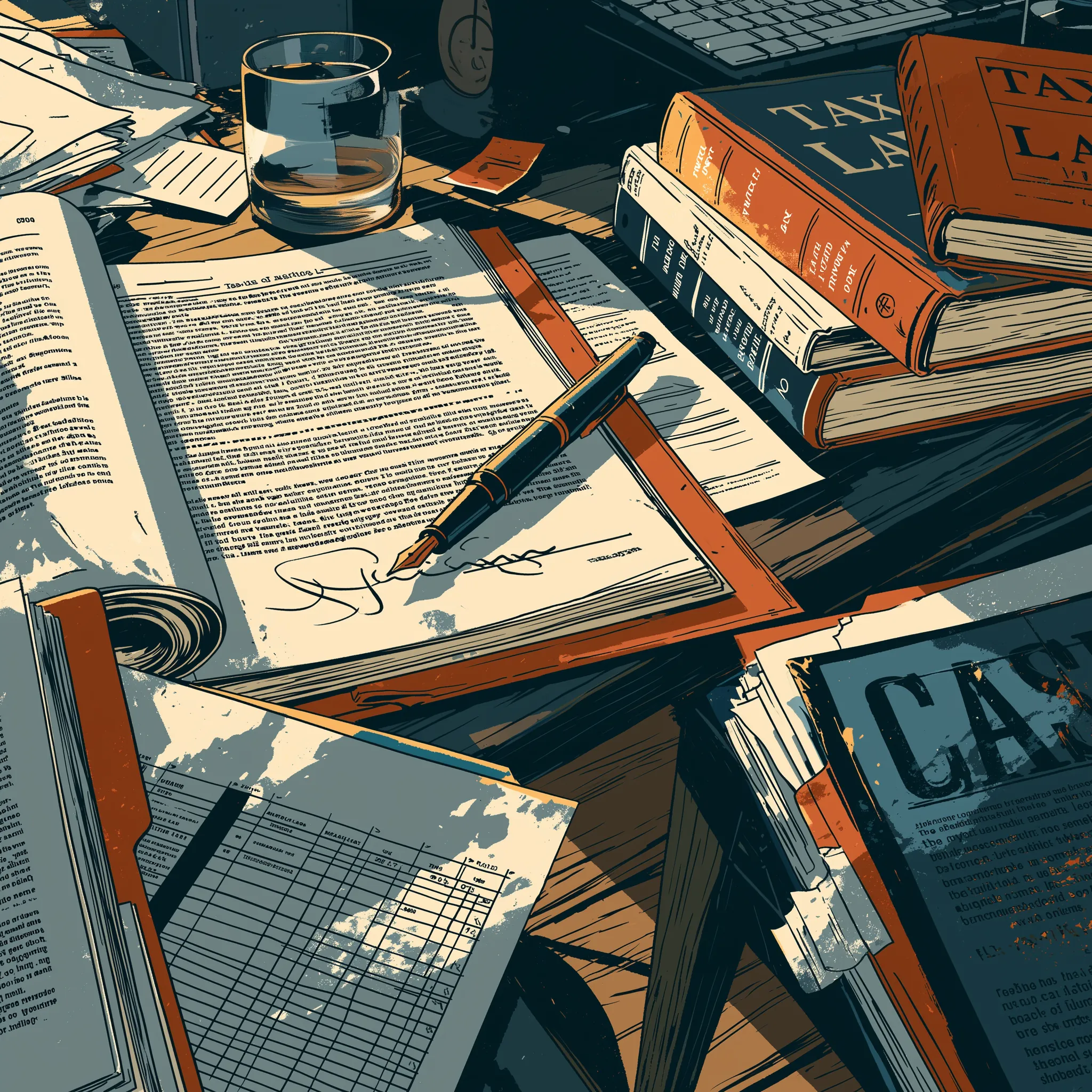 A tax lawyer's desk with a fountain pen, legal books, and working documents.