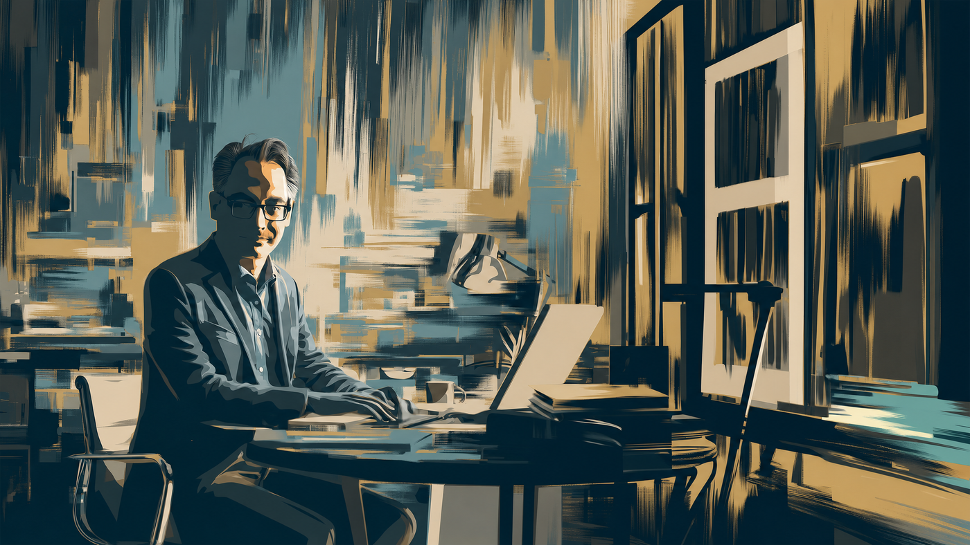 Editorial illustration of Jason Galek working at a desk.