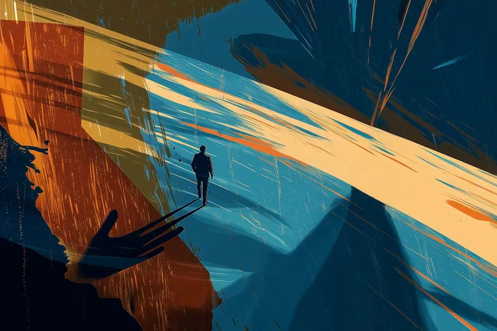 Illustration of a person at a crossroads, representing a relocation before a liquidity event.