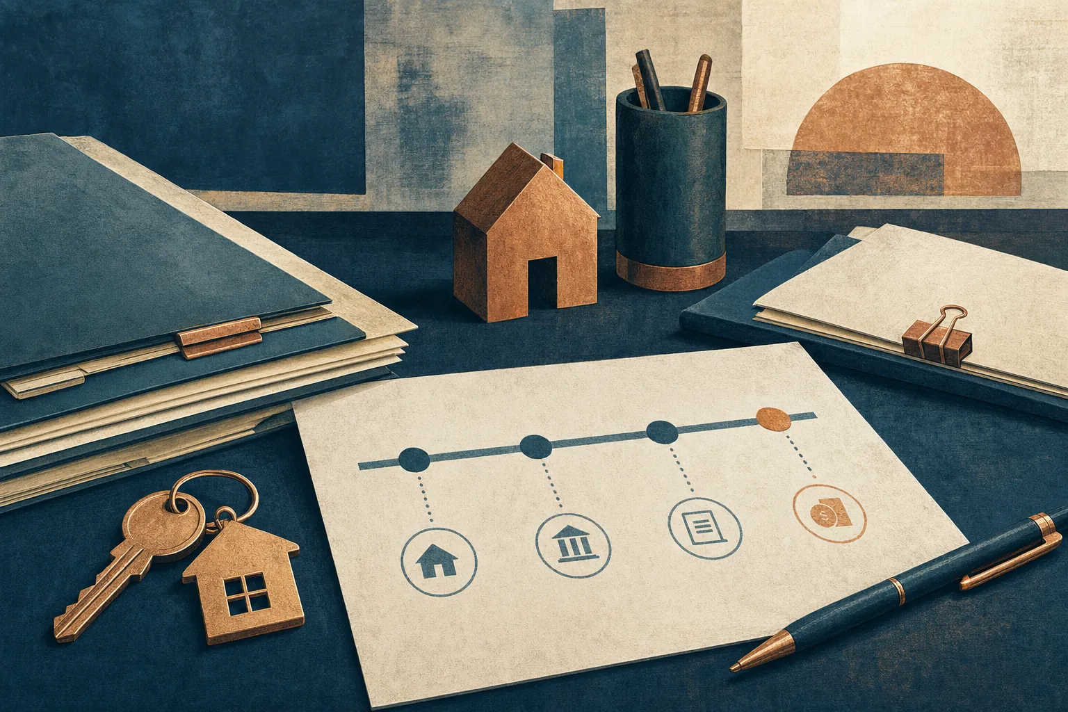 Editorial illustration of organized transaction documents, a house key, and a planning timeline.
