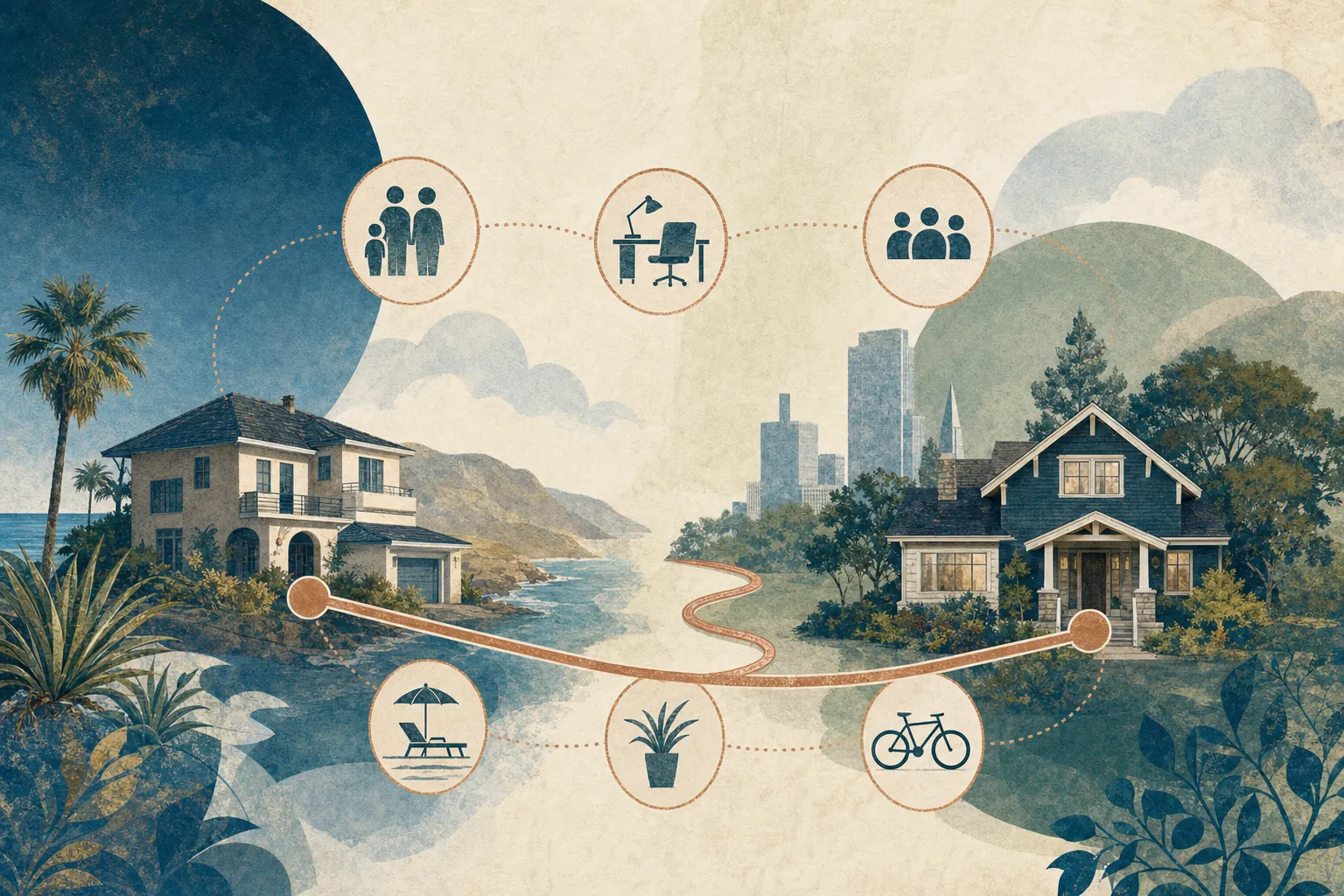 Editorial illustration of two homes and symbols for family, work, and community connections.