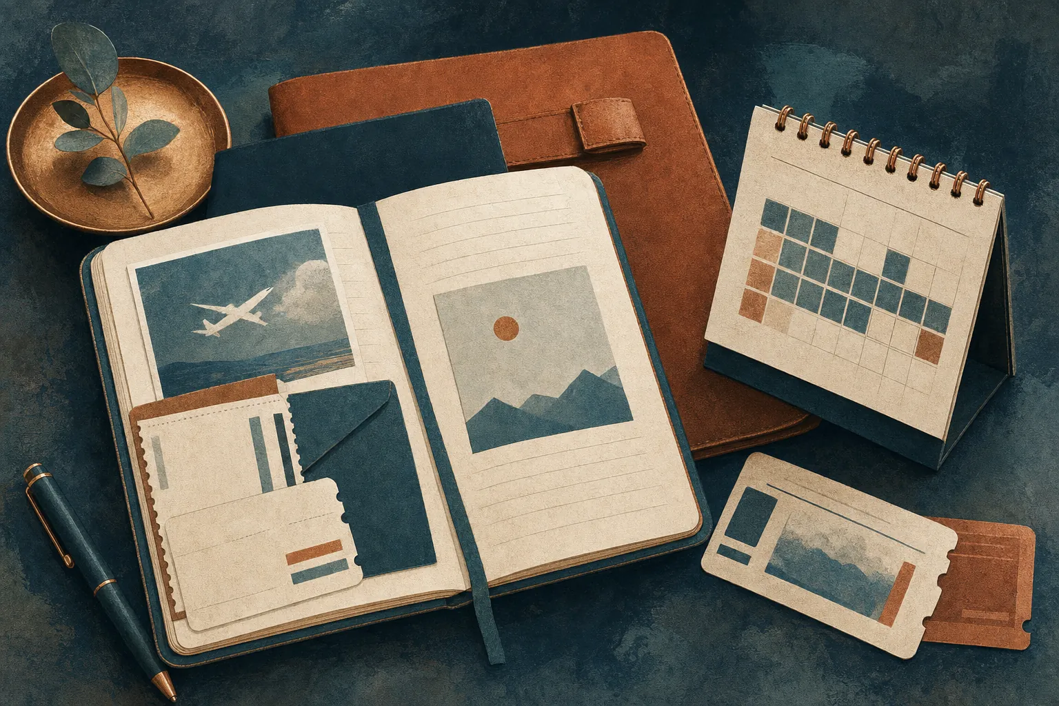 Editorial illustration of a travel notebook, calendar, and ticket stubs representing residency records.