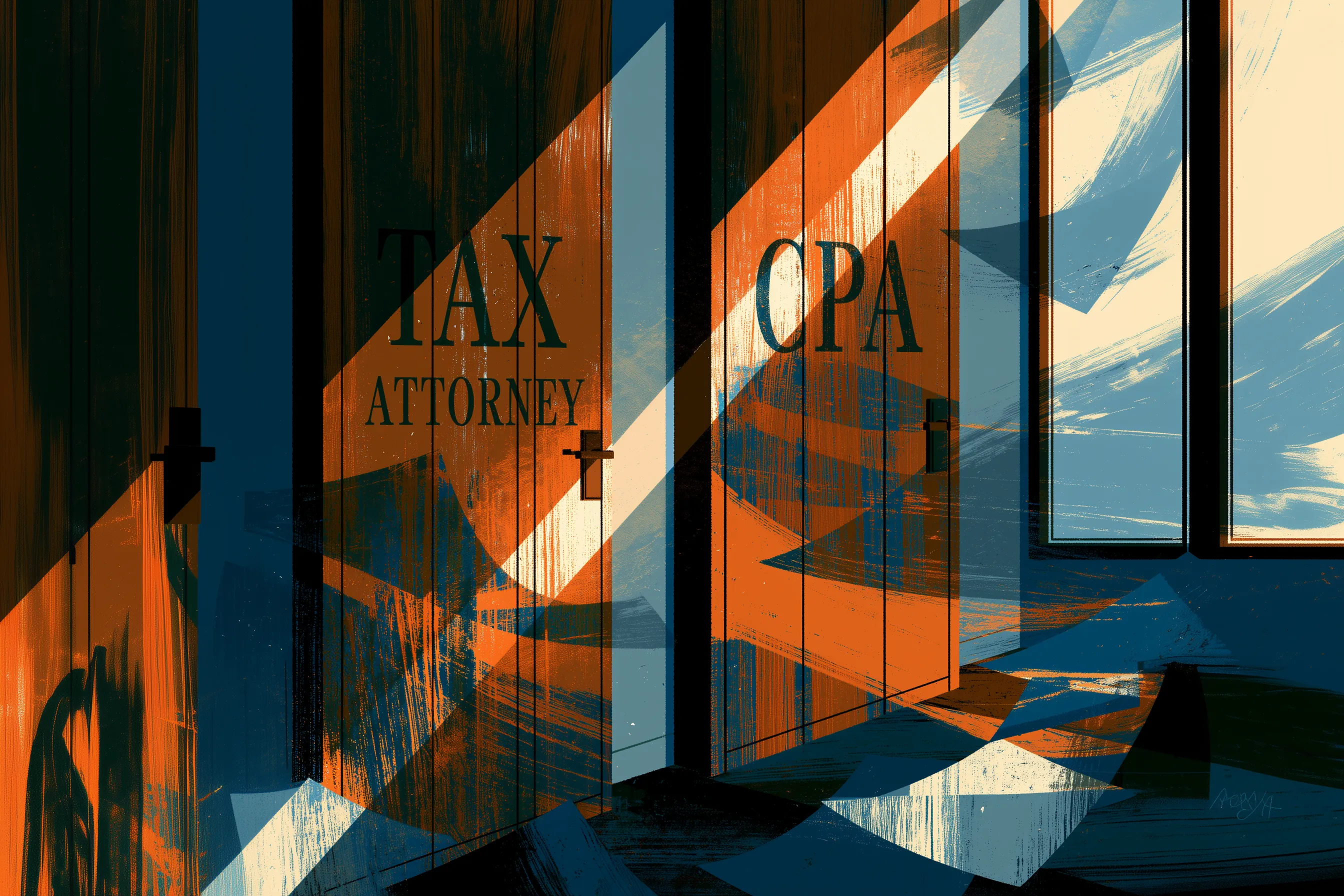 Two tall wooden doors labeled Tax Attorney and CPA.