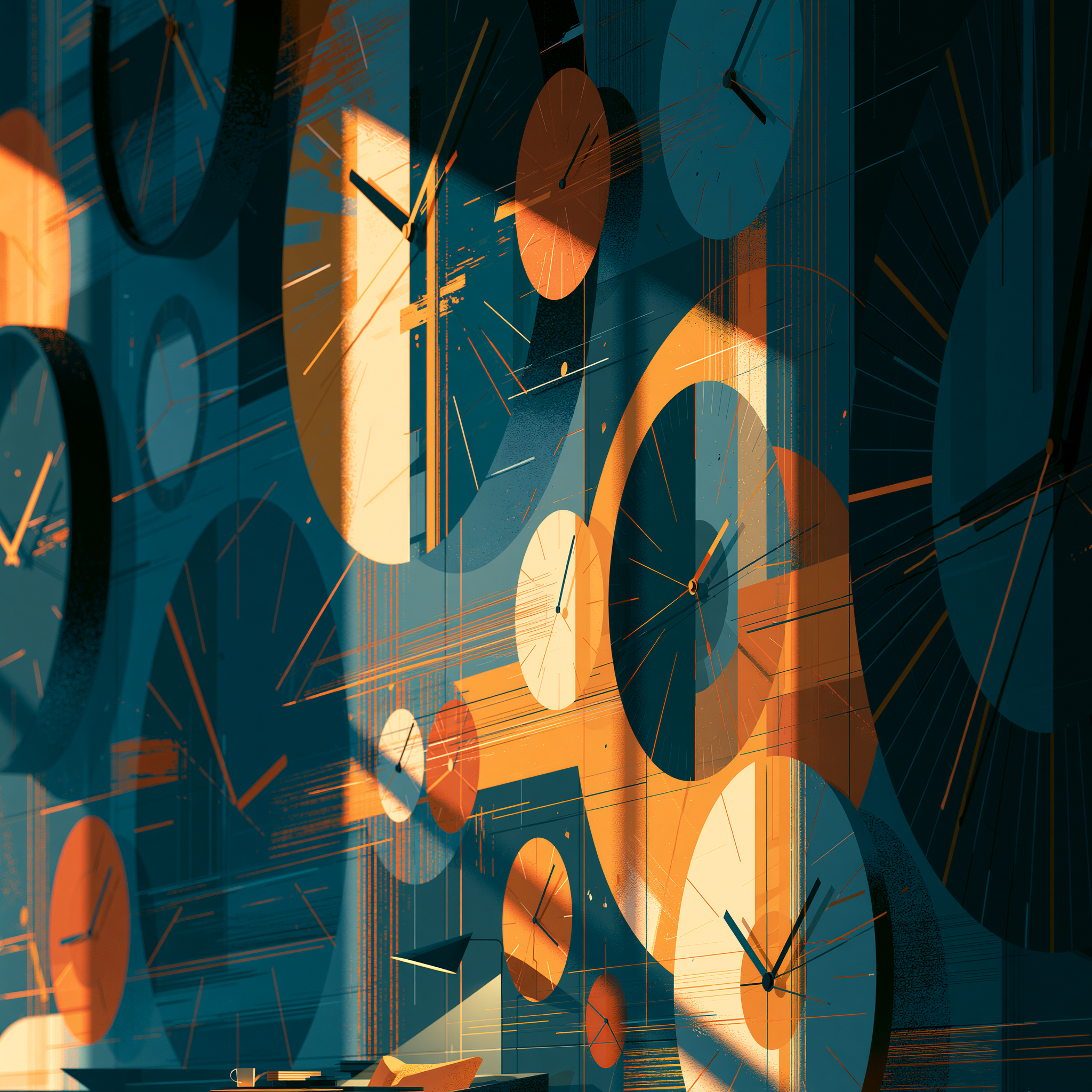 Editorial illustration of multiple clocks, representing California tax collection time limits.