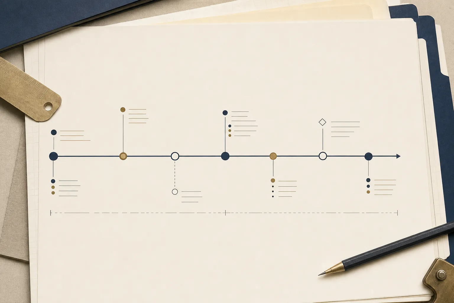 An editorial tax planning timeline with documents and careful annotations.