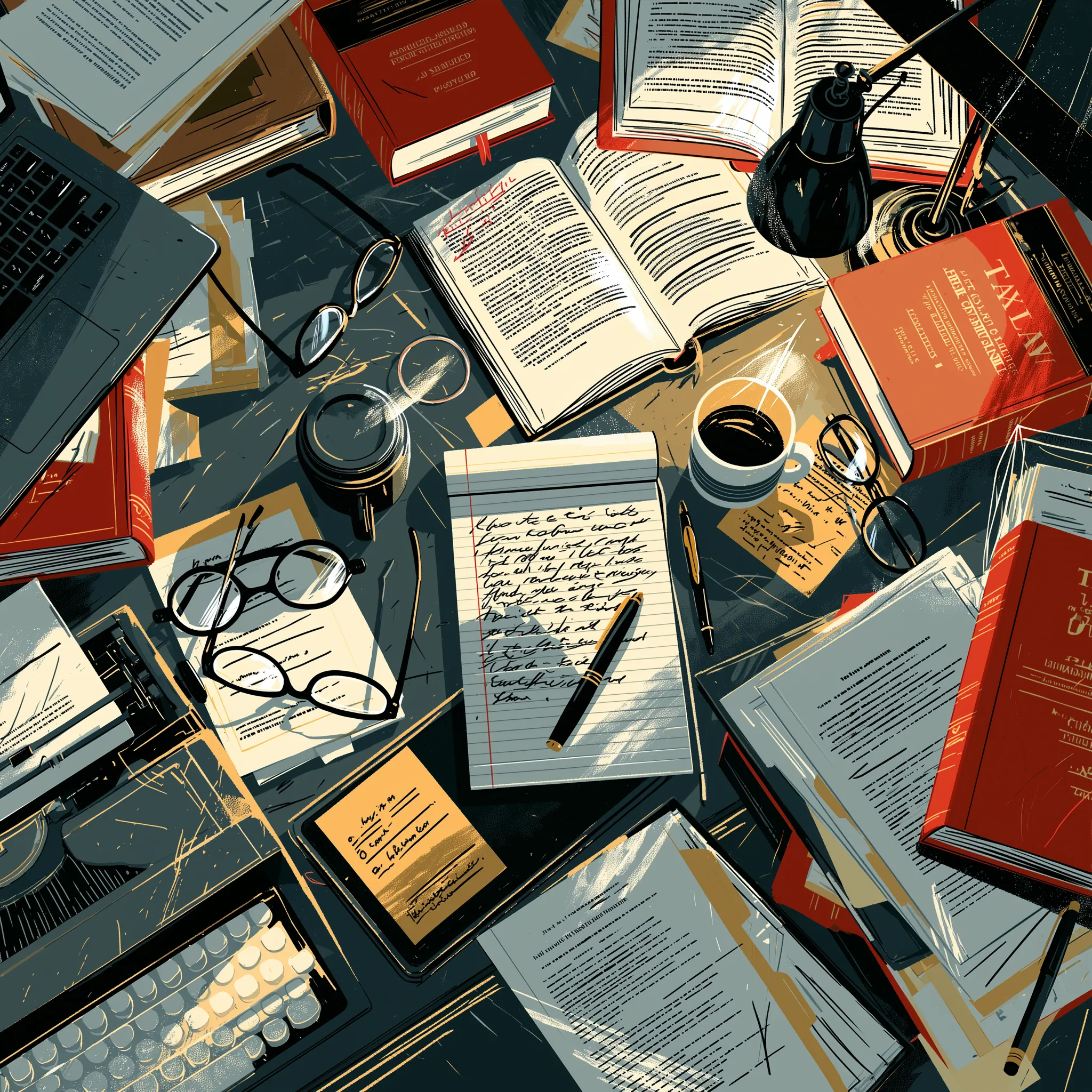 An overhead view of a tax lawyer's desk with books, notes, documents, and coffee.