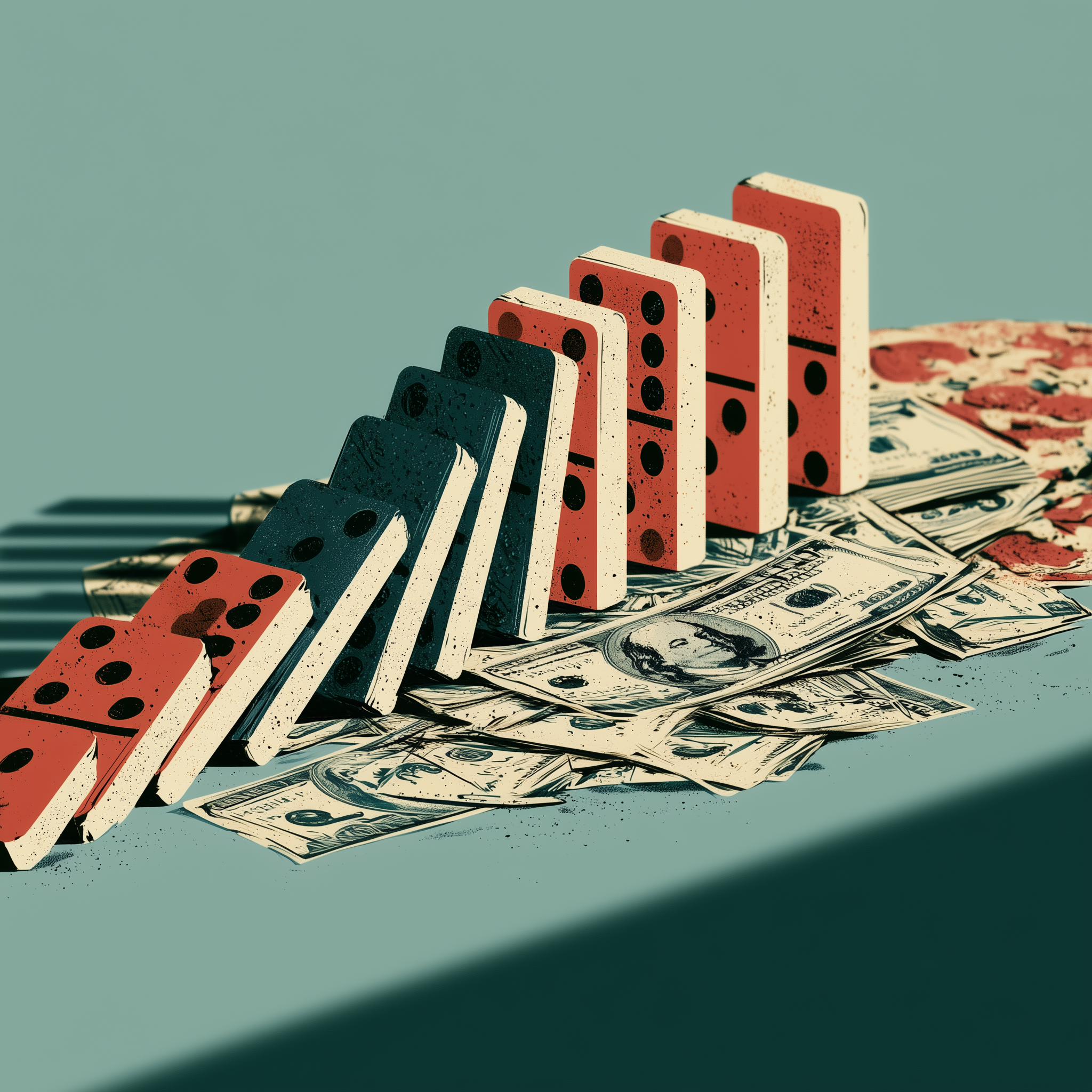 Editorial illustration of upright dominoes across cash, representing cascading tax consequences.