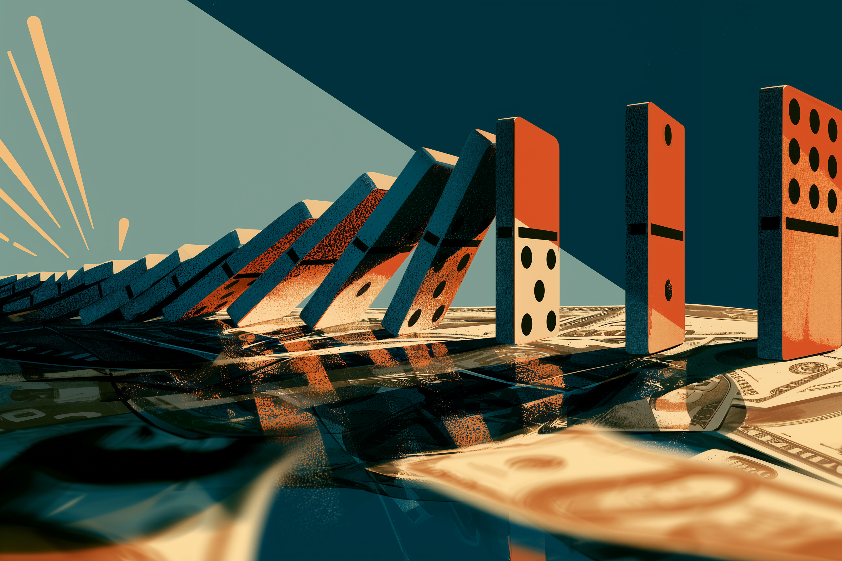 Editorial illustration of upright dominoes across cash, representing cascading tax consequences.